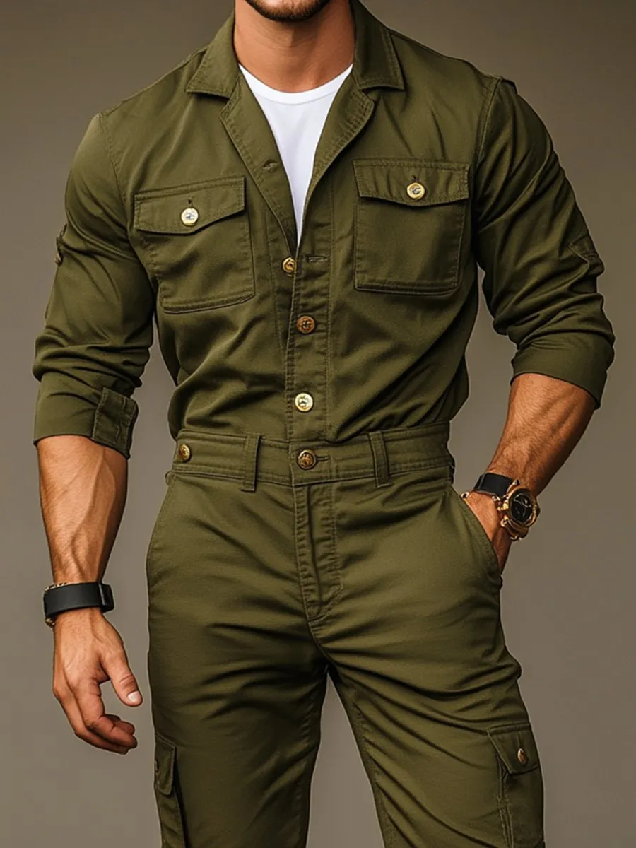 【24-hour shipping】Vintage Street Multi-Pocket Long Sleeve Cargo Jumpsuit