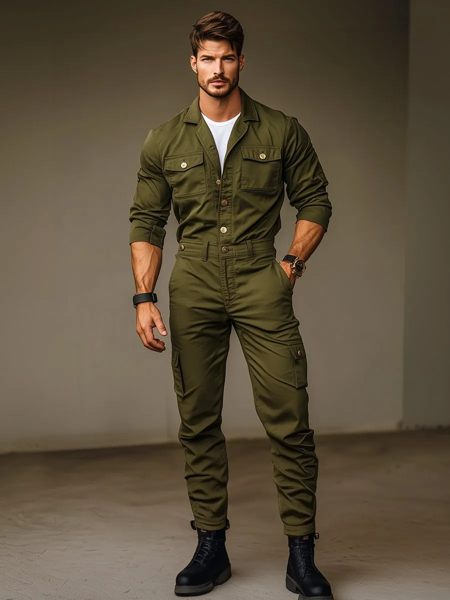 【24-hour shipping】Vintage Street Multi-Pocket Long Sleeve Cargo Jumpsuit
