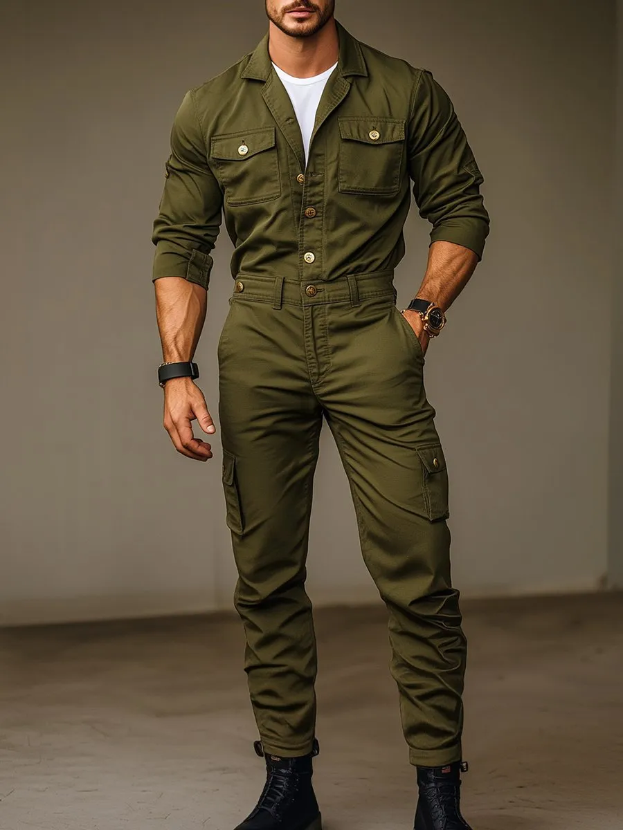 【24-hour shipping】Vintage Street Multi-Pocket Long Sleeve Cargo Jumpsuit