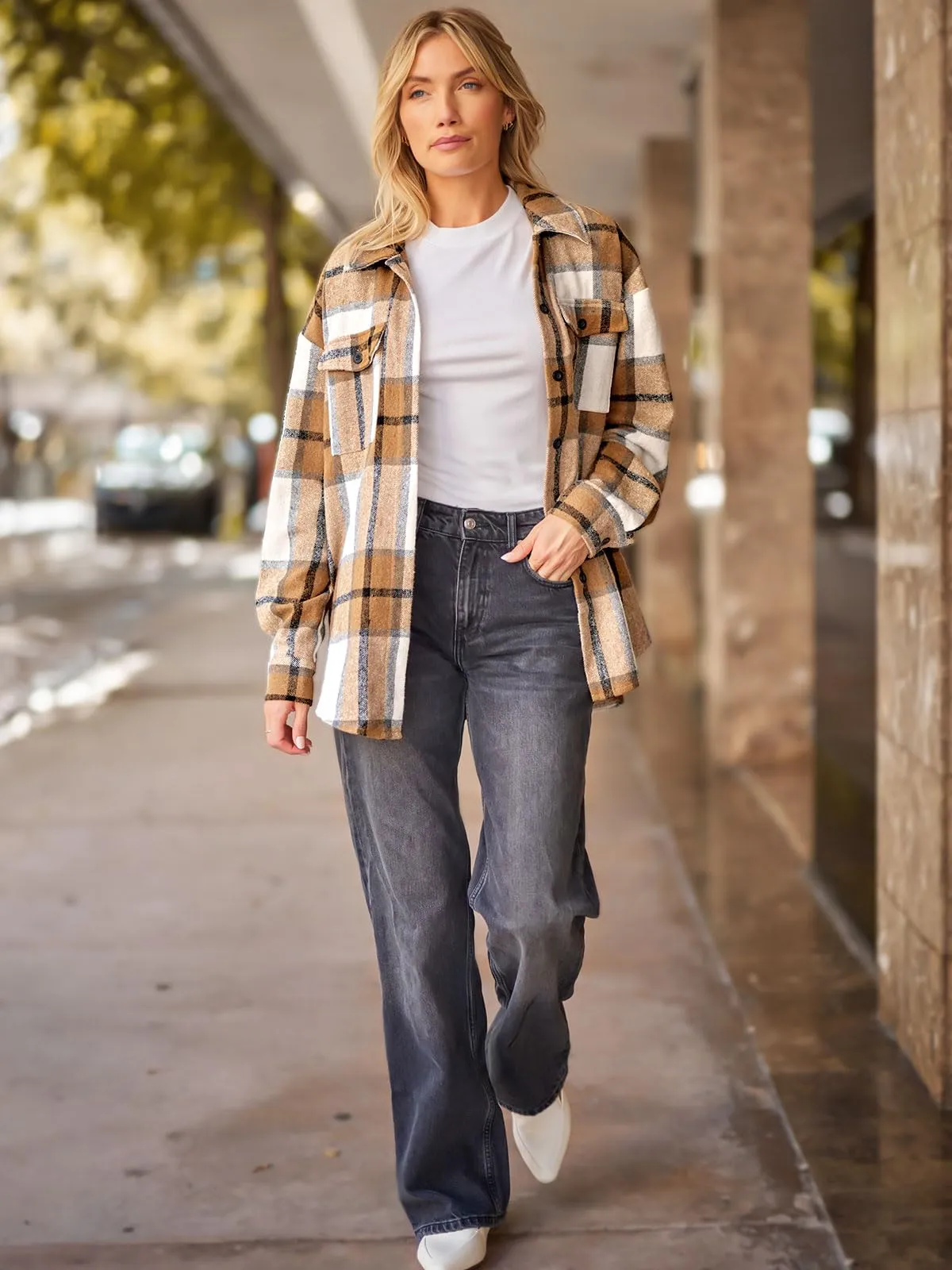 AUTOMET Womens Fall Outfits Fashion Clothes Shackets Flannel Plaid Button Down Long Sleeve Shirts Jackets Apricot XL