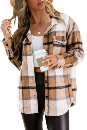 AUTOMET Womens Fall Outfits Fashion Clothes Shackets Flannel Plaid Button Down Long Sleeve Shirts Jackets Apricot XL