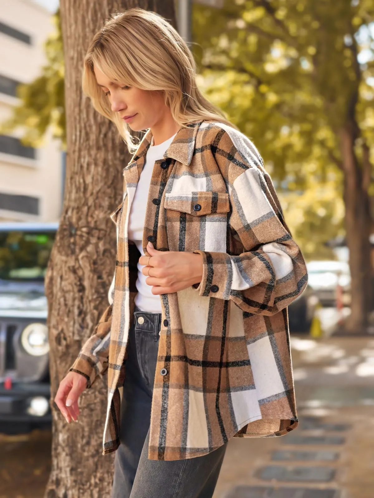 AUTOMET Womens Fall Outfits Fashion Clothes Shackets Flannel Plaid Button Down Long Sleeve Shirts Jackets Apricot XL