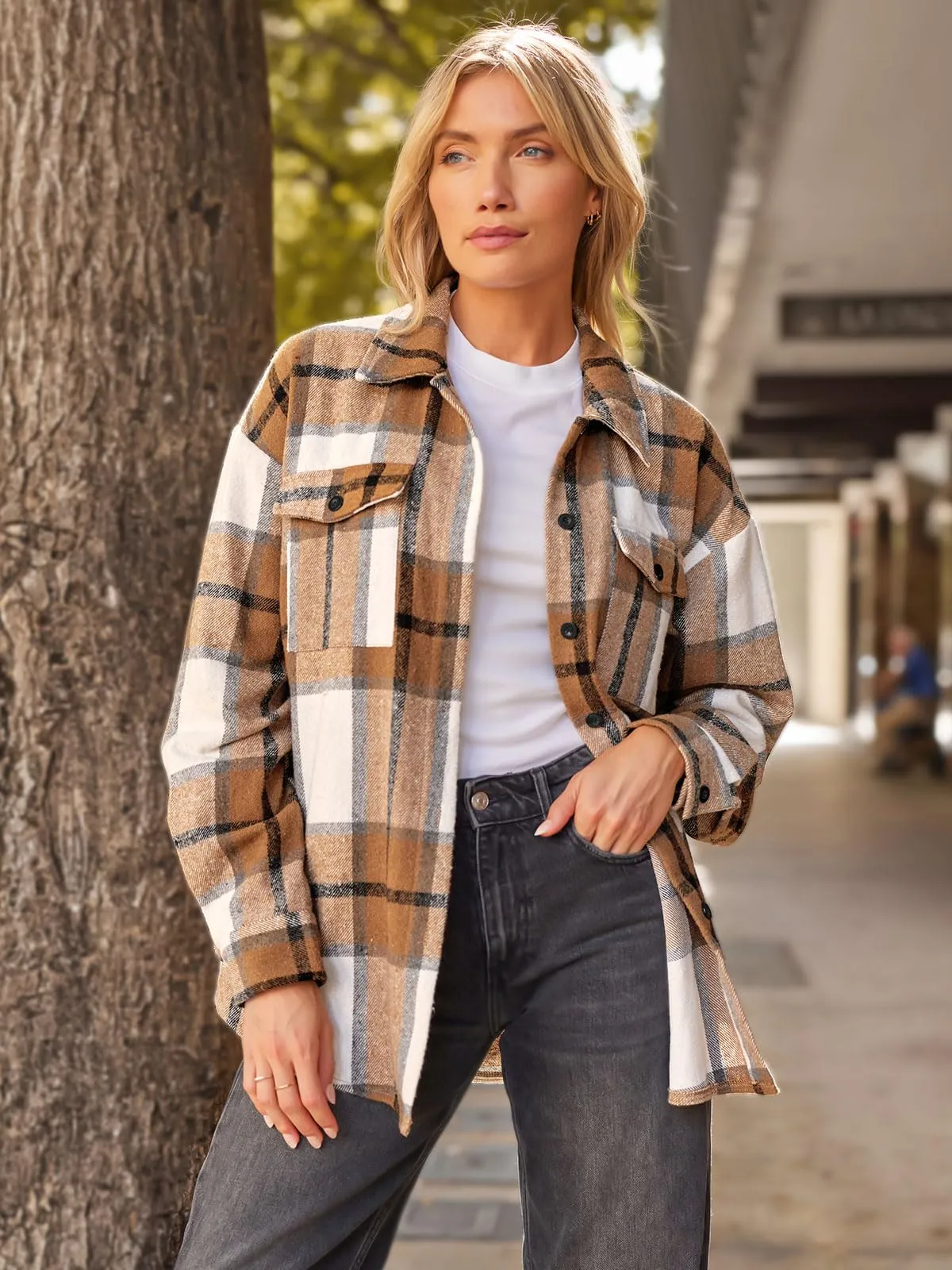 AUTOMET Womens Fall Outfits Fashion Clothes Shackets Flannel Plaid Button Down Long Sleeve Shirts Jackets Apricot XL