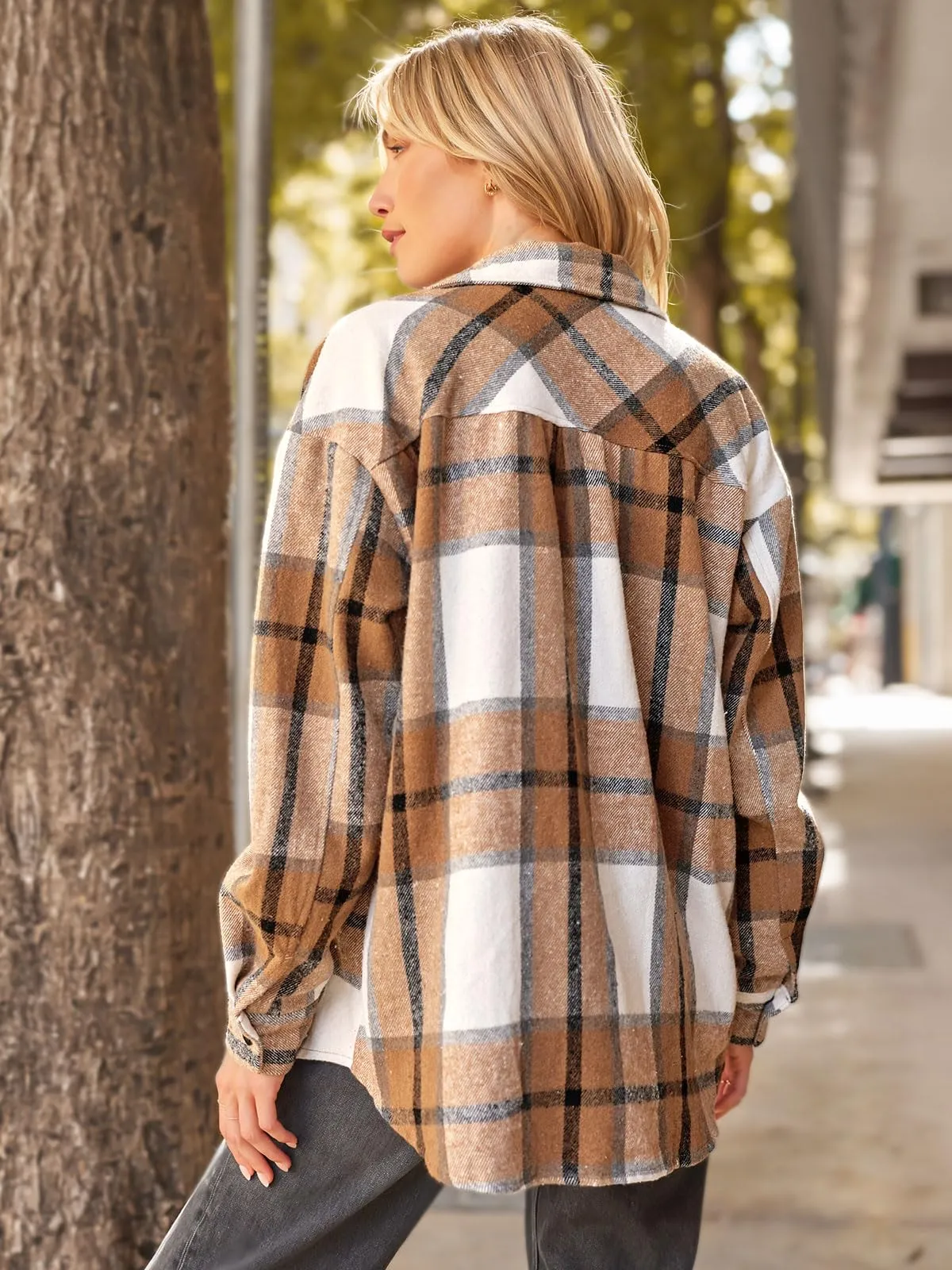 AUTOMET Womens Fall Outfits Fashion Clothes Shackets Flannel Plaid Button Down Long Sleeve Shirts Jackets Apricot XL