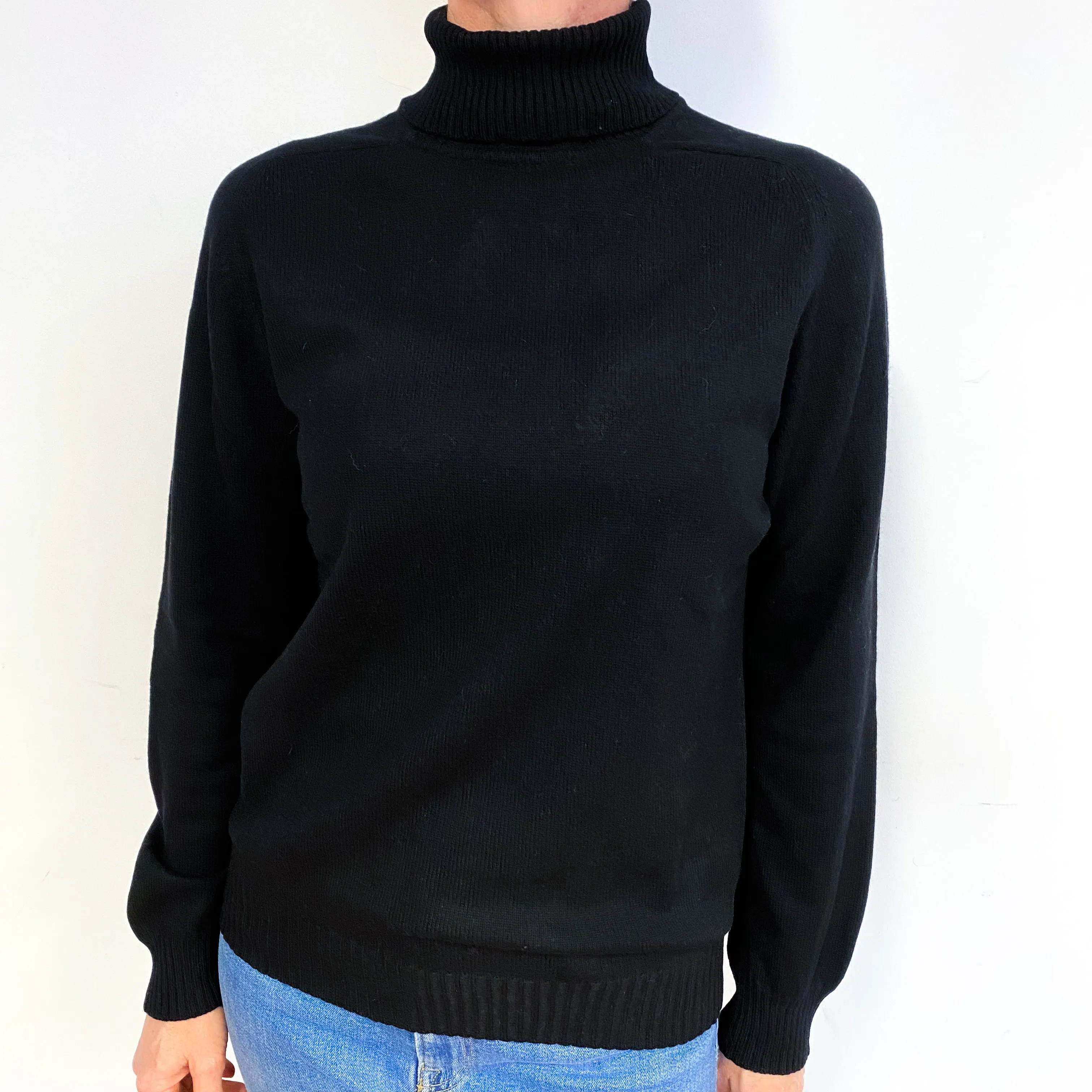 Black Heavy Knit Cashmere Zip Polo Neck Jumper Medium