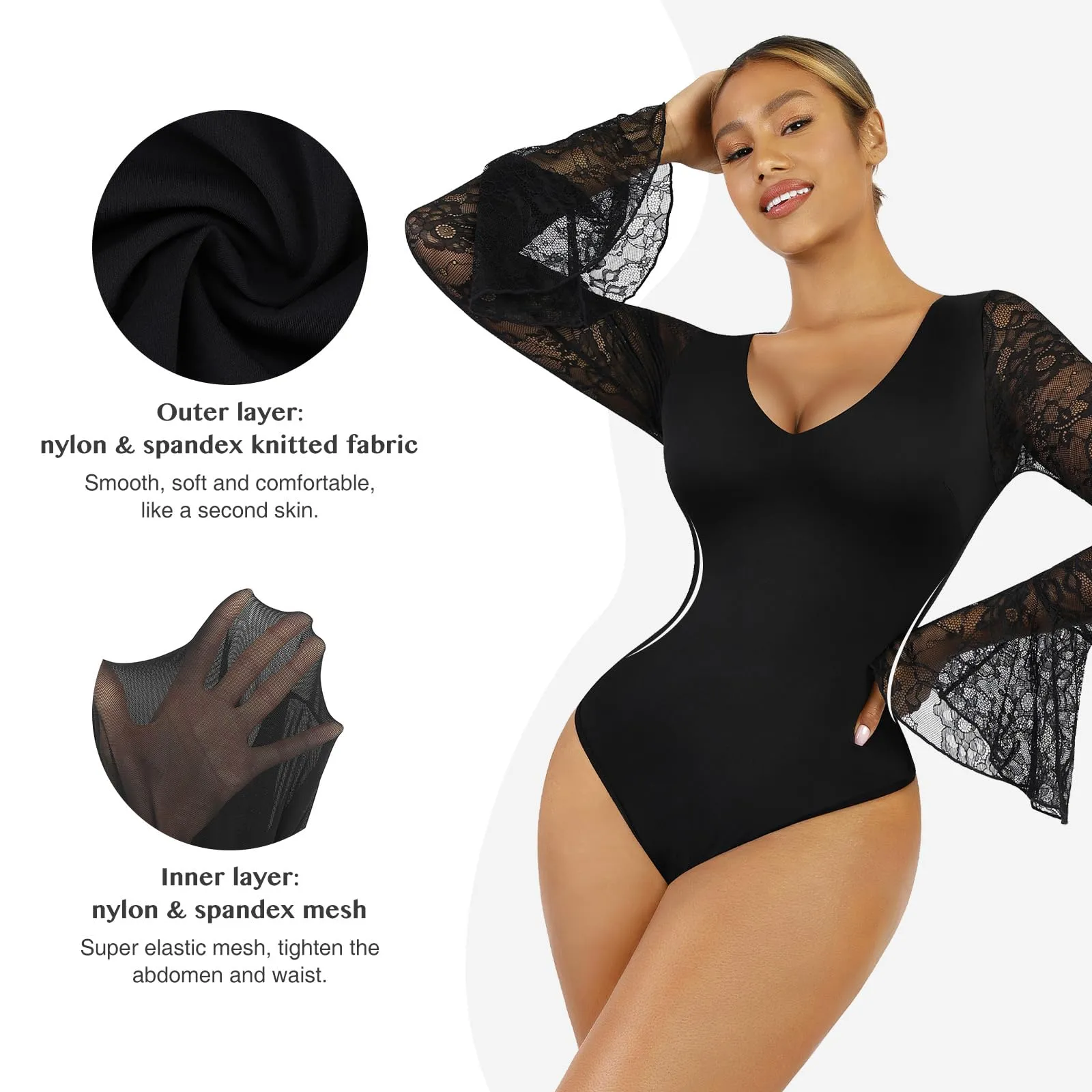 Black Lace Ruffled Long Sleeve Bodysuit
