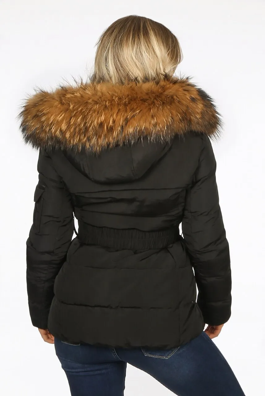 Black Natural Real Fur Hood Attentif Puffer Zip Jacket - Aria