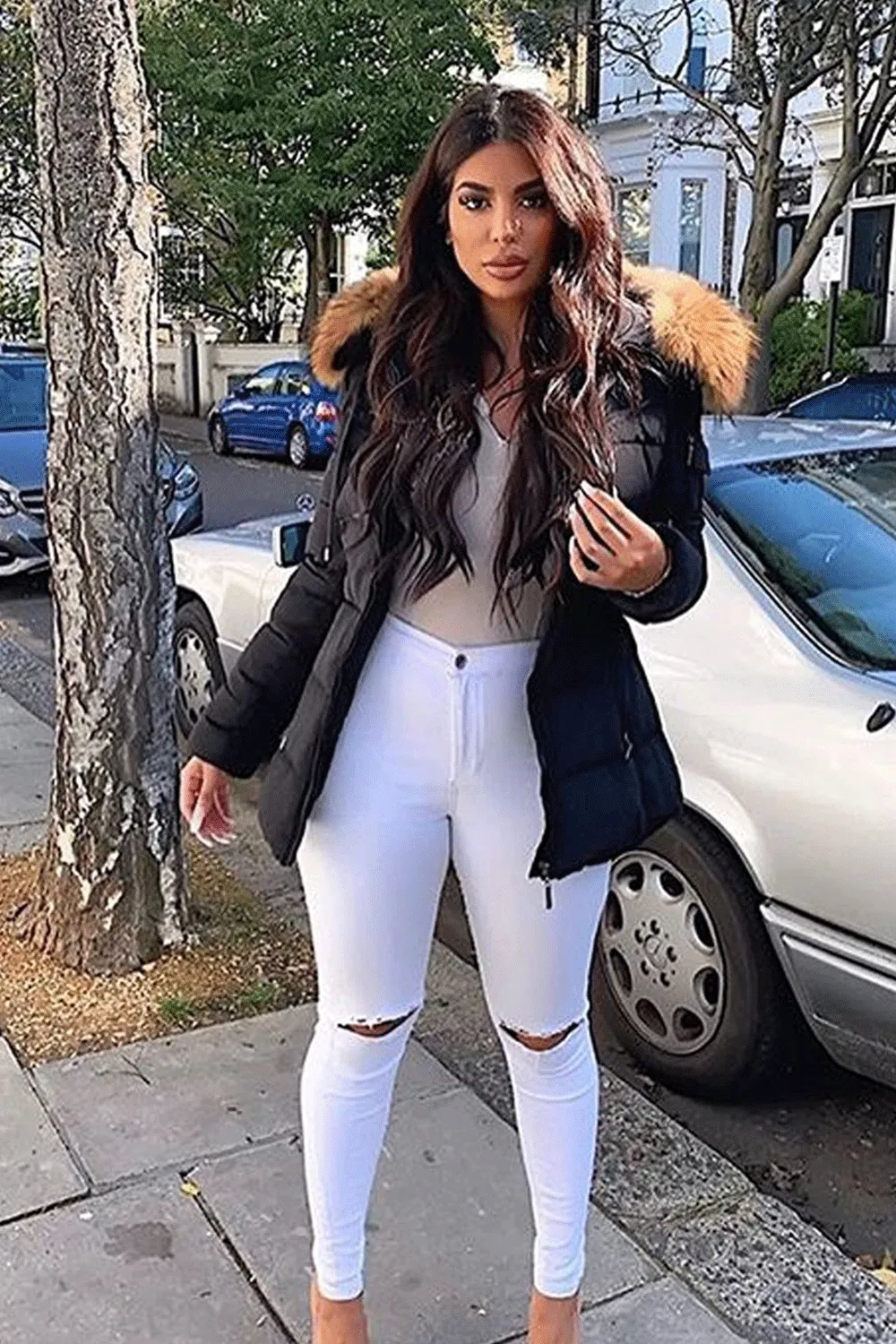 Black Natural Real Fur Hood Attentif Puffer Zip Jacket - Aria