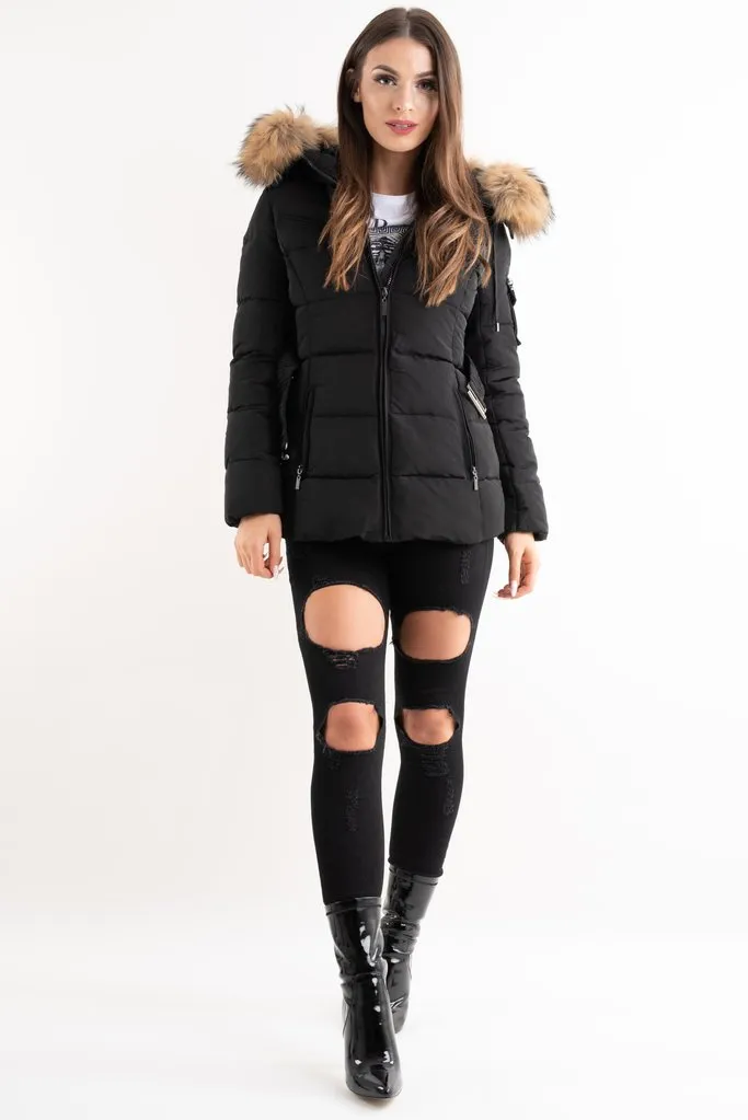 Black Natural Real Fur Hood Attentif Puffer Zip Jacket - Aria