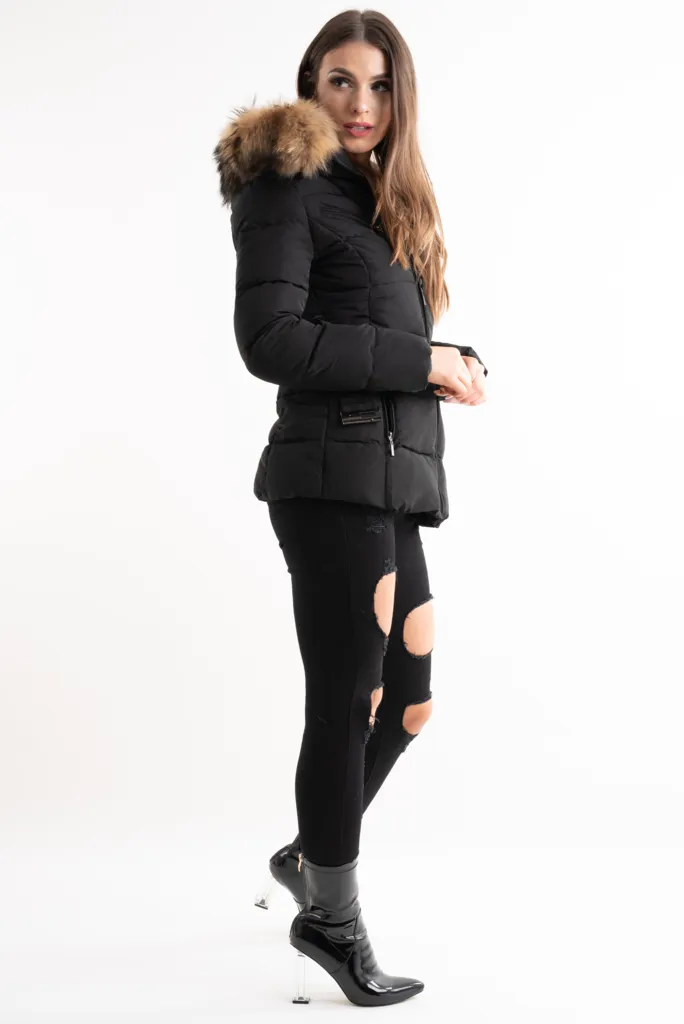 Black Natural Real Fur Hood Attentif Puffer Zip Jacket - Aria