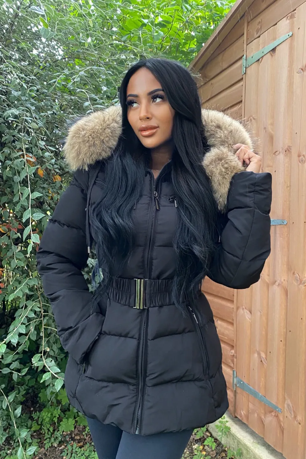 Black Natural Real Fur Hood Attentif Puffer Zip Jacket - Aria