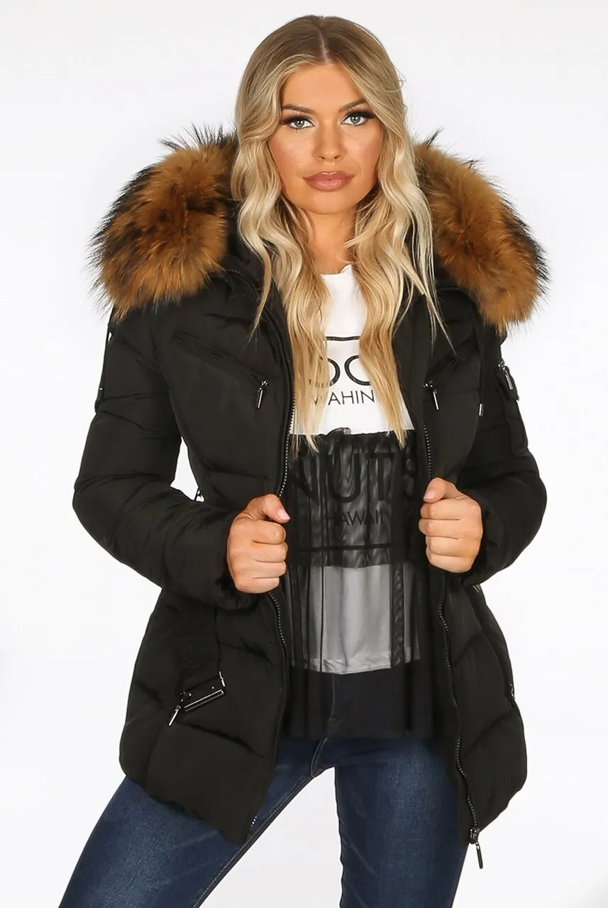Black Natural Real Fur Hood Attentif Puffer Zip Jacket - Aria