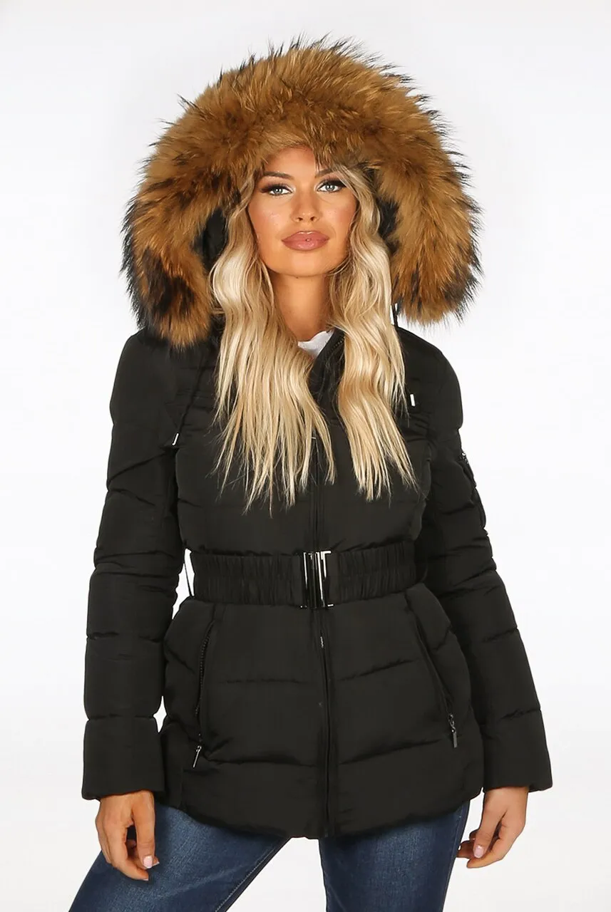 Black Natural Real Fur Hood Attentif Puffer Zip Jacket - Aria