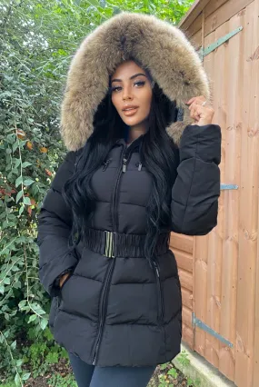 Black Natural Real Fur Hood Attentif Puffer Zip Jacket - Aria