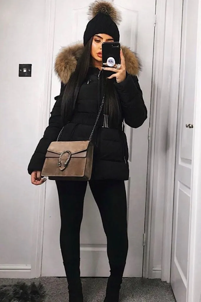 Black Natural Real Fur Hood Attentif Puffer Zip Jacket - Aria