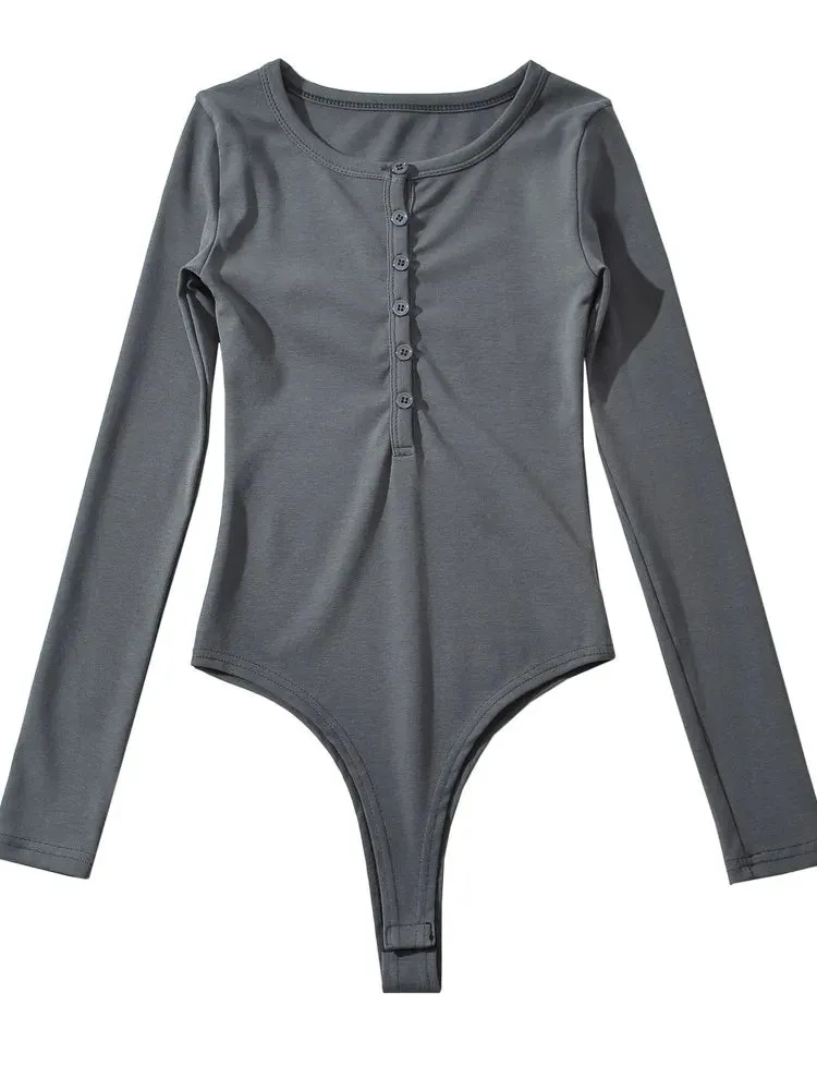 Buttons O neck Rib Long sleeve Bodysuit Short Jumpsuit