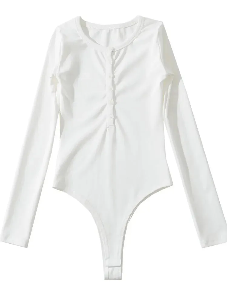 Buttons O neck Rib Long sleeve Bodysuit Short Jumpsuit