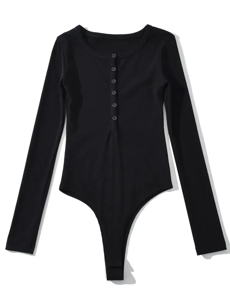 Buttons O neck Rib Long sleeve Bodysuit Short Jumpsuit