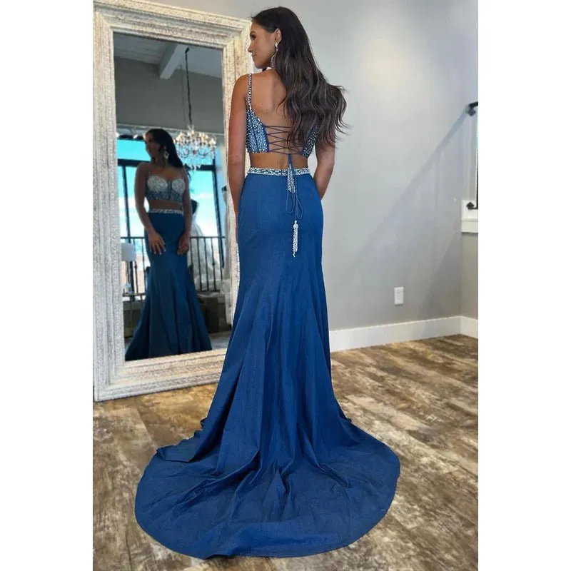 Classic & Timeless Two Piece Spaghetti Straps Mermaid Beaded Backless Prom Dress