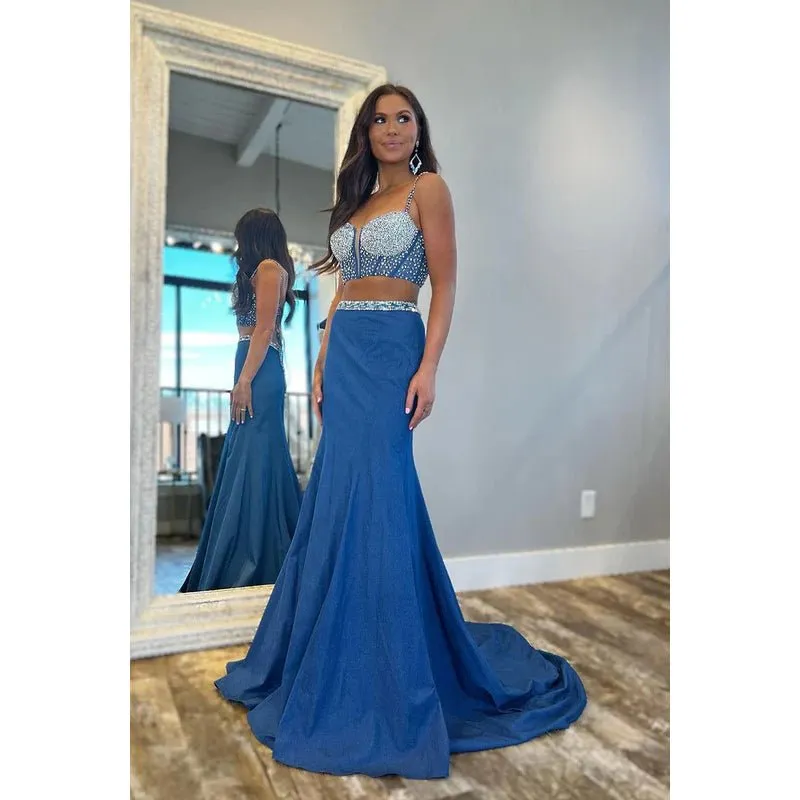 Classic & Timeless Two Piece Spaghetti Straps Mermaid Beaded Backless Prom Dress