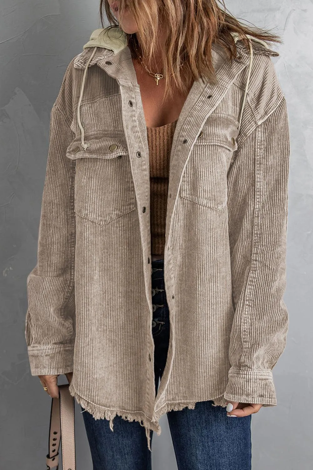 Cool Hooded Shacket with Frayed Hem