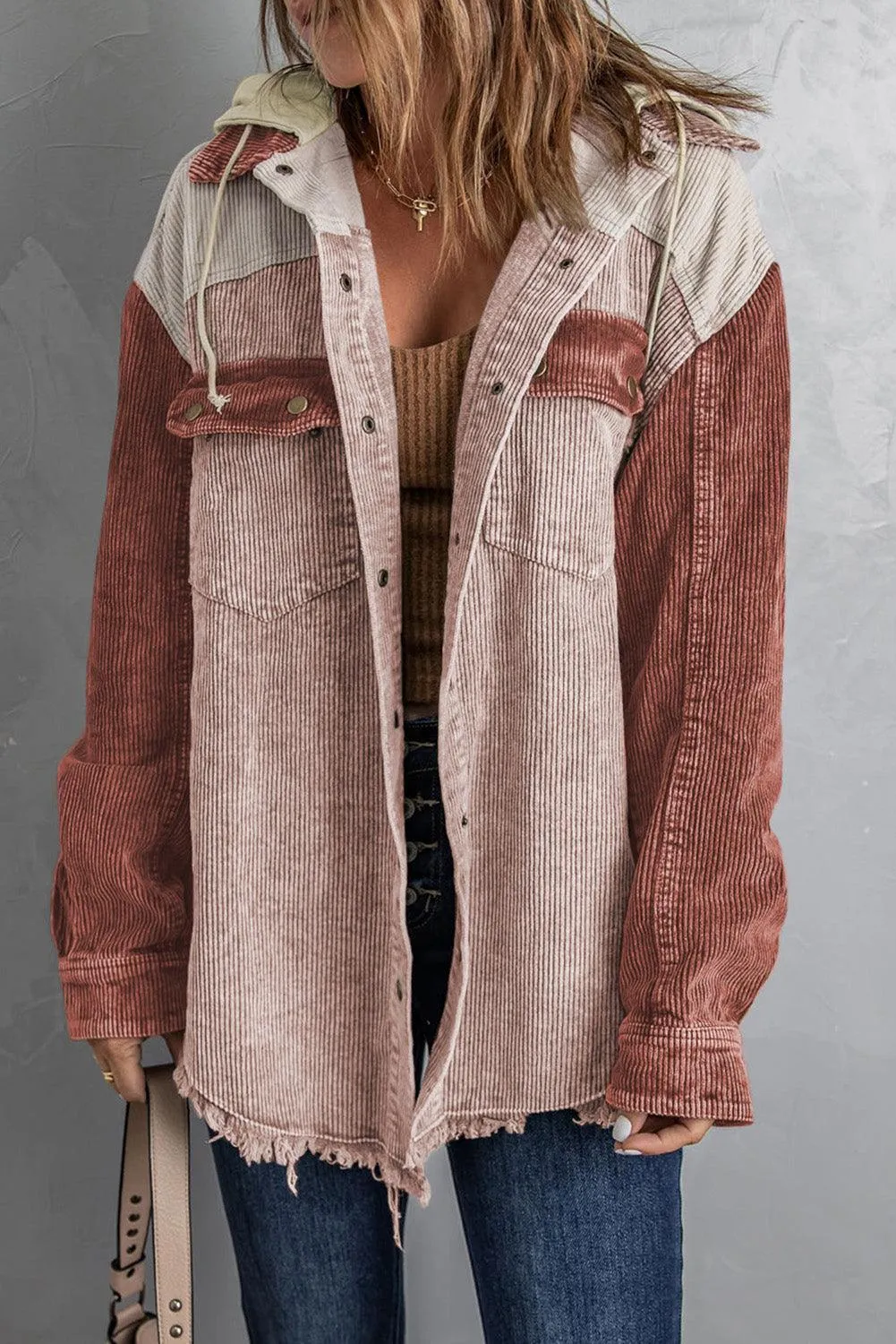 Cool Hooded Shacket with Frayed Hem
