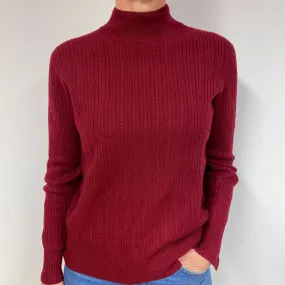 Crimson Red Ribbed Cashmere Turtle Neck Jumper Medium