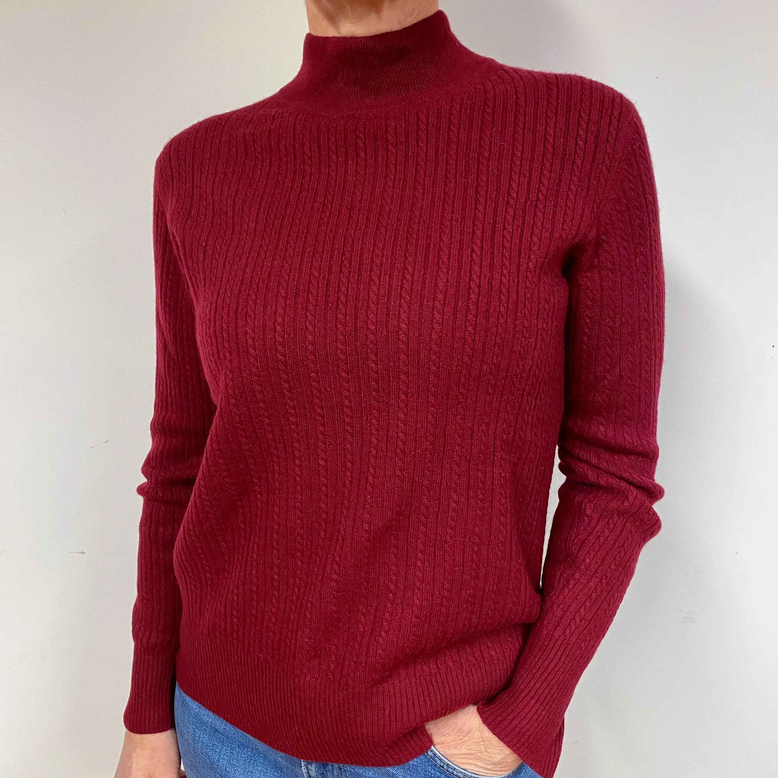 Crimson Red Ribbed Cashmere Turtle Neck Jumper Medium