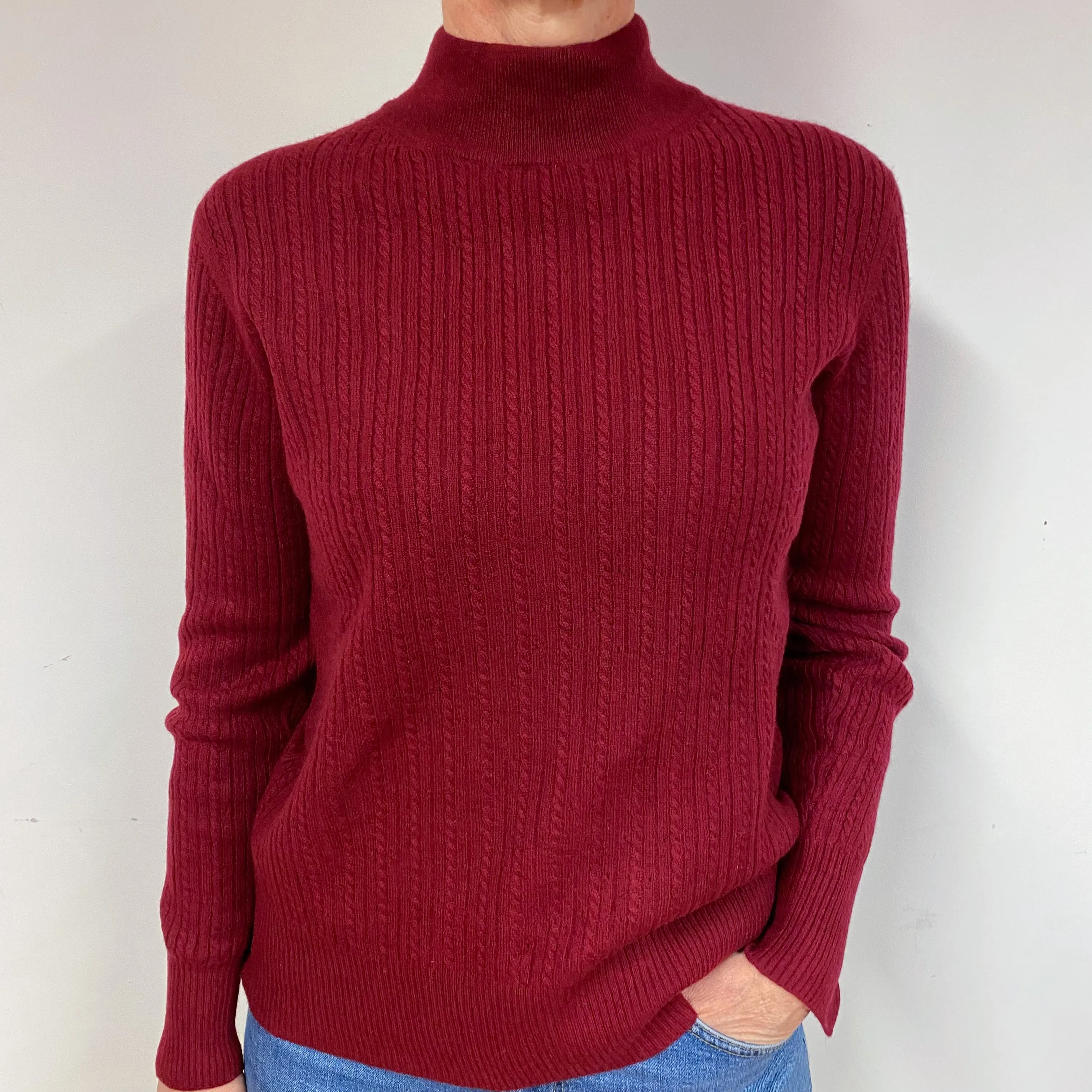 Crimson Red Ribbed Cashmere Turtle Neck Jumper Medium