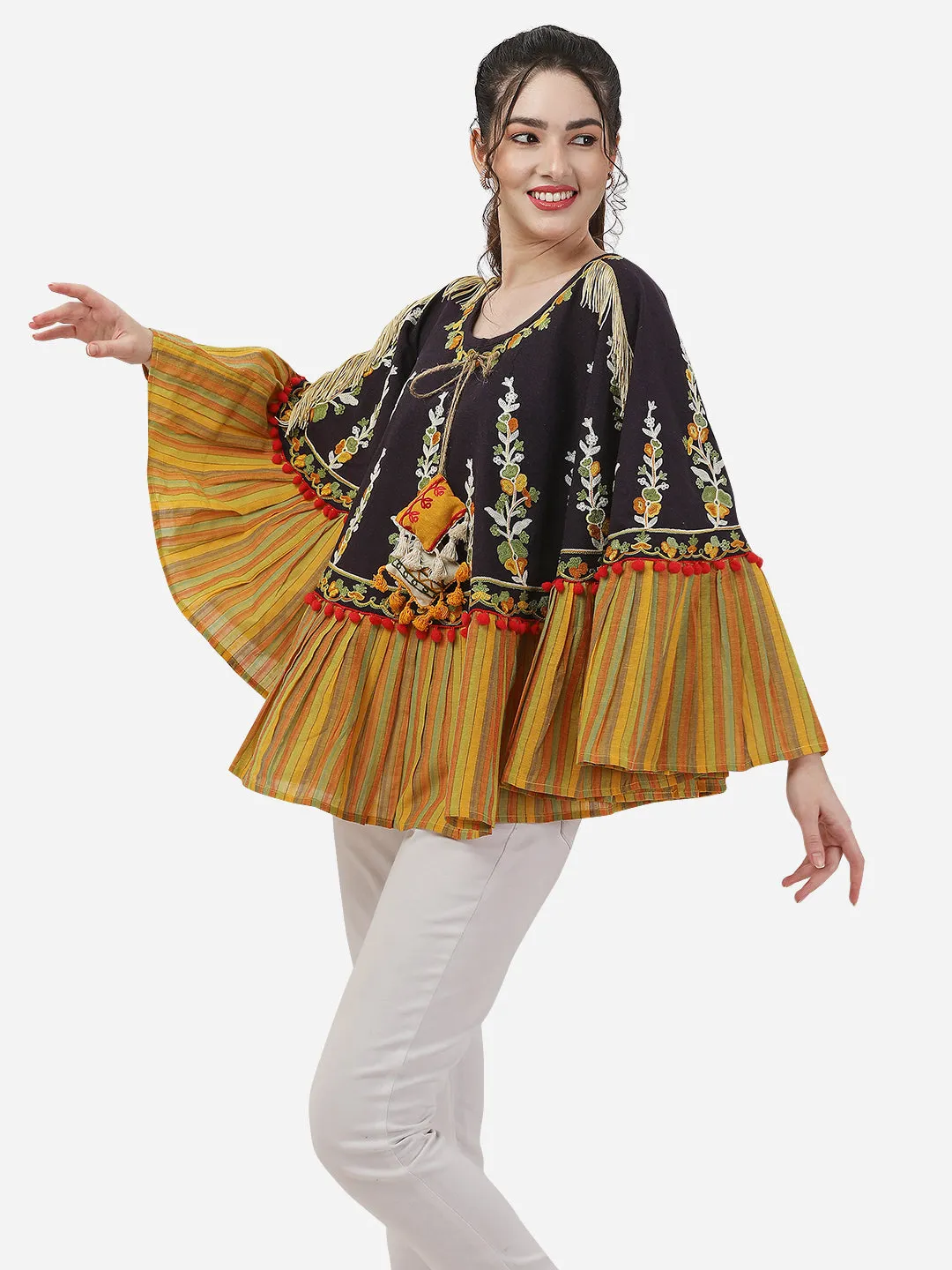 Dark Purple Floral Embroidered Fancy Circular Poncho/Cape