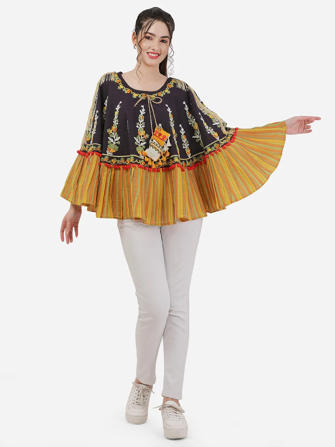 Dark Purple Floral Embroidered Fancy Circular Poncho/Cape
