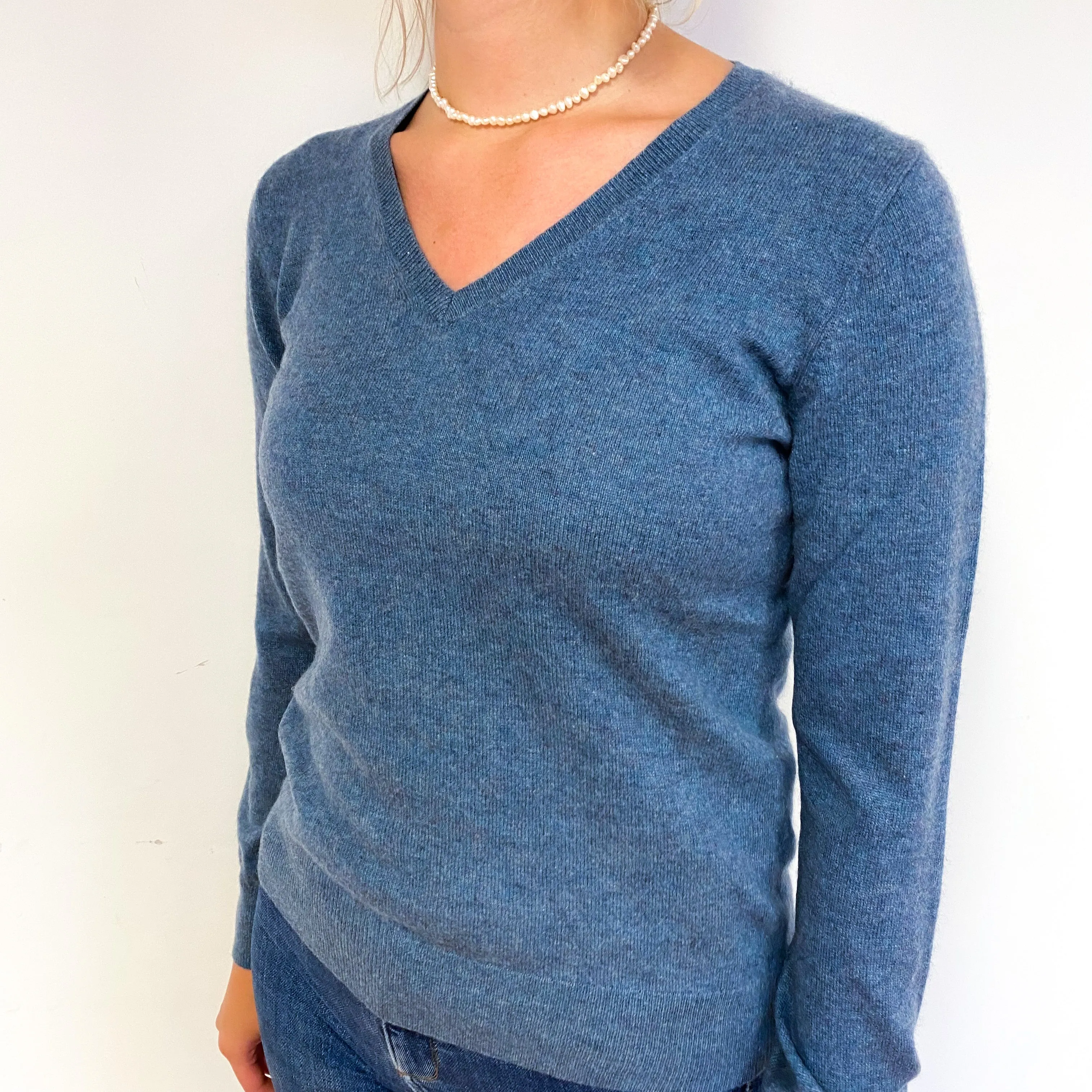 Deep Denim Blue Cashmere V-Neck Jumper Small