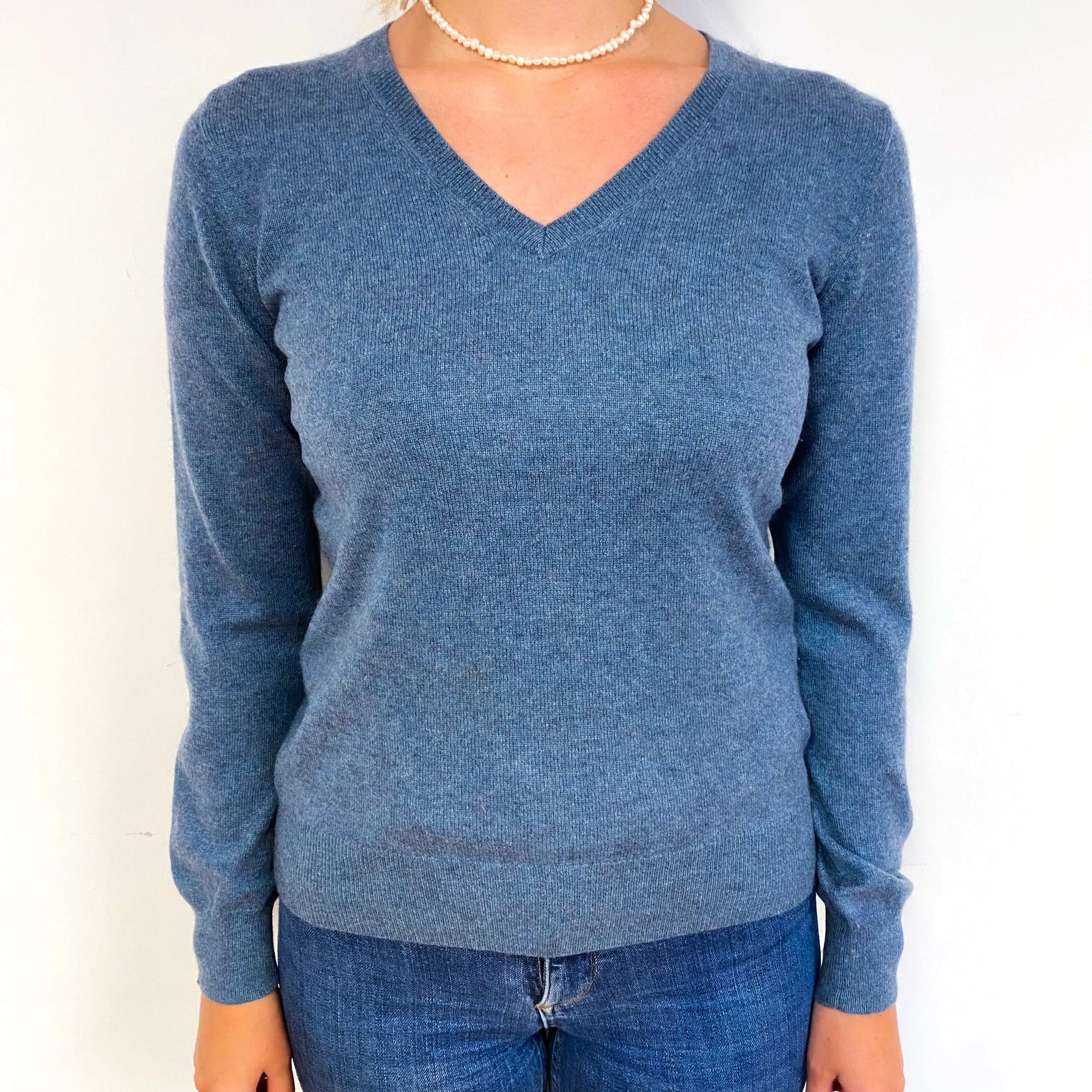 Deep Denim Blue Cashmere V-Neck Jumper Small