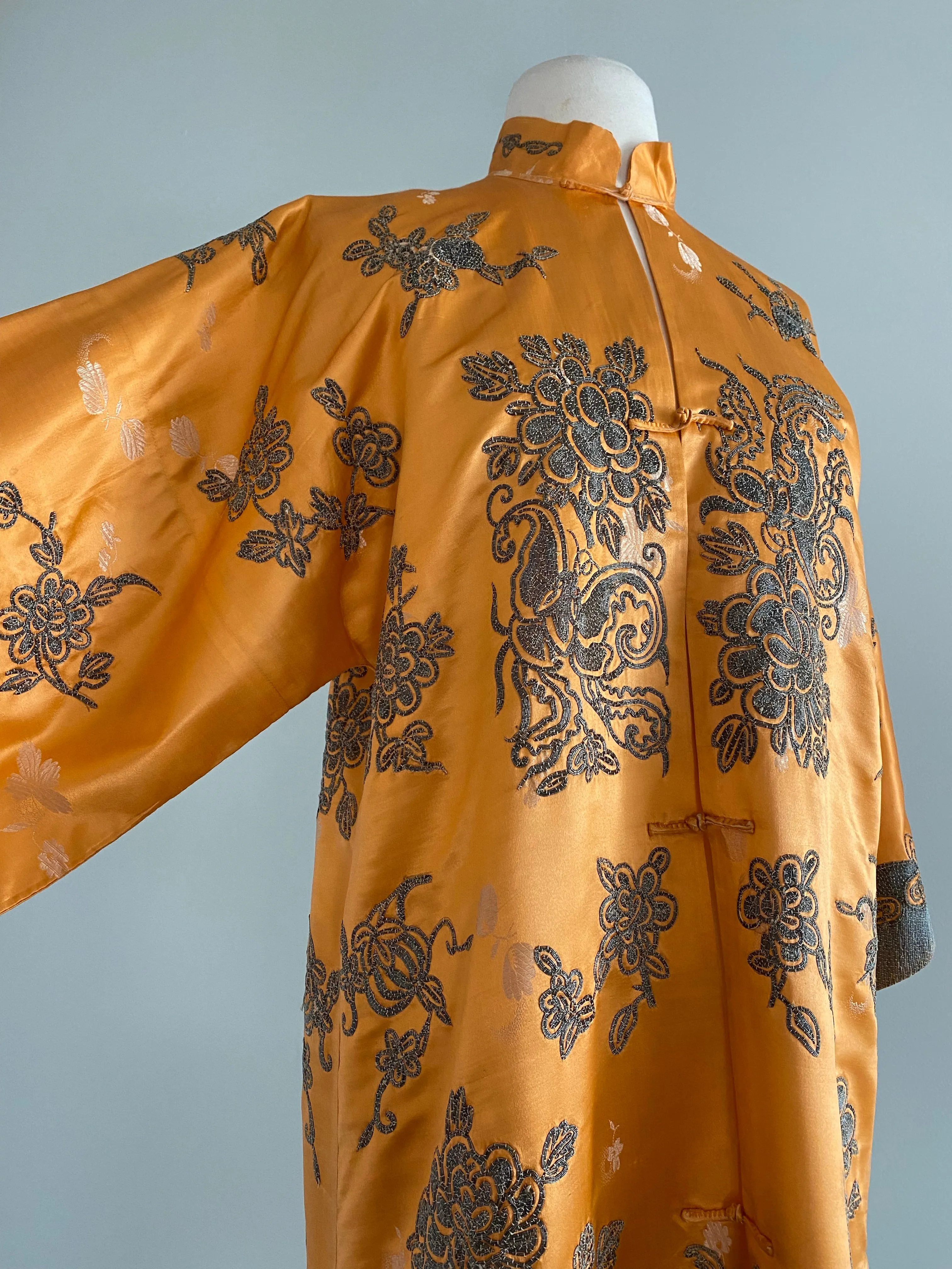 Exquisite 1920's Tangerine Silk Chinese Jacket Metallic Embroidery Thread / SM