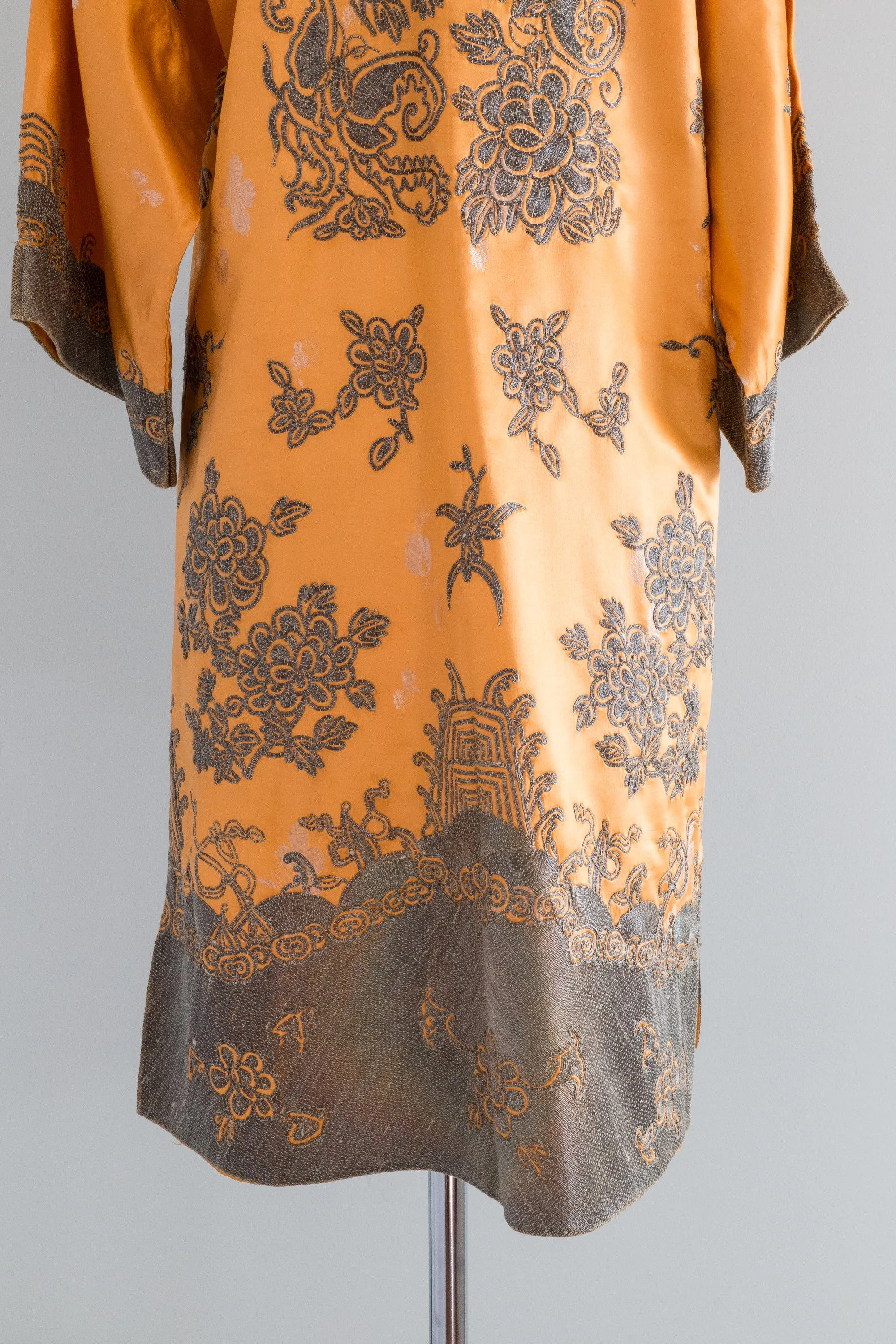 Exquisite 1920's Tangerine Silk Chinese Jacket Metallic Embroidery Thread / SM