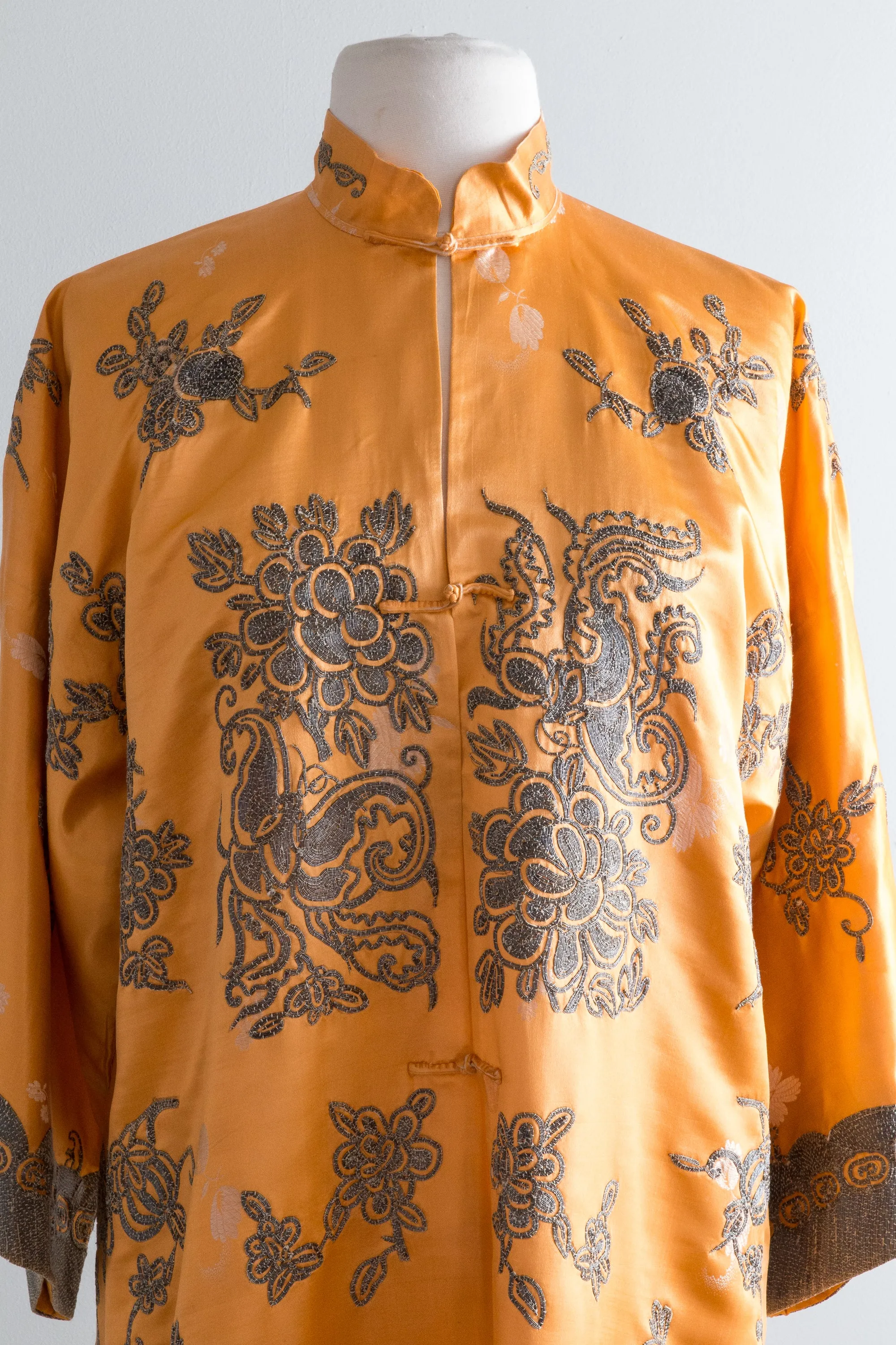 Exquisite 1920's Tangerine Silk Chinese Jacket Metallic Embroidery Thread / SM