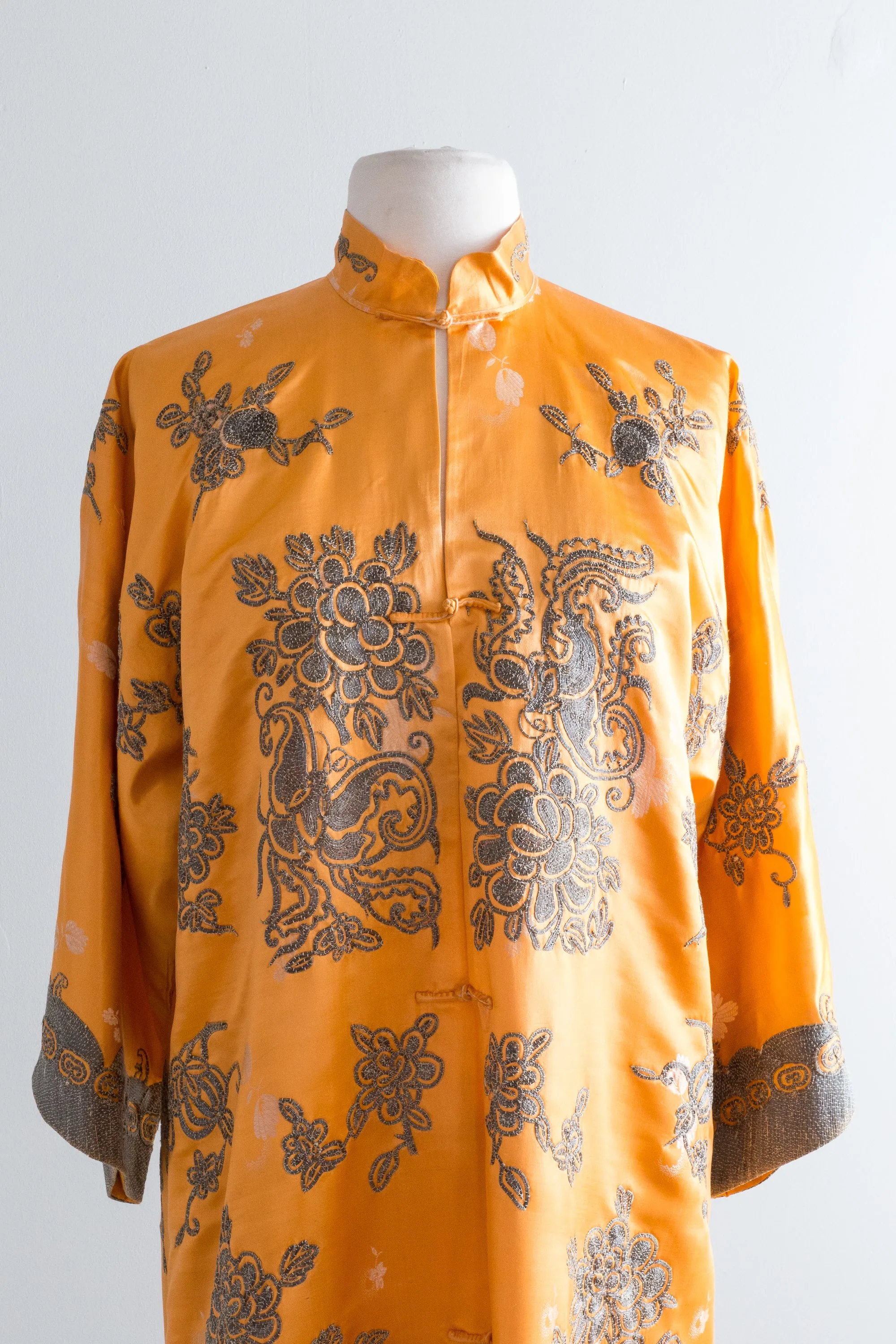 Exquisite 1920's Tangerine Silk Chinese Jacket Metallic Embroidery Thread / SM