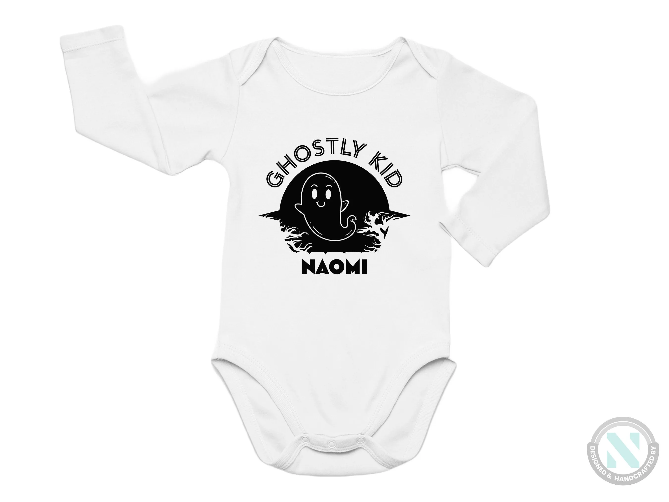 First Halloween Personalize Name Baby Girl Bodysuit With Ghostly Kid