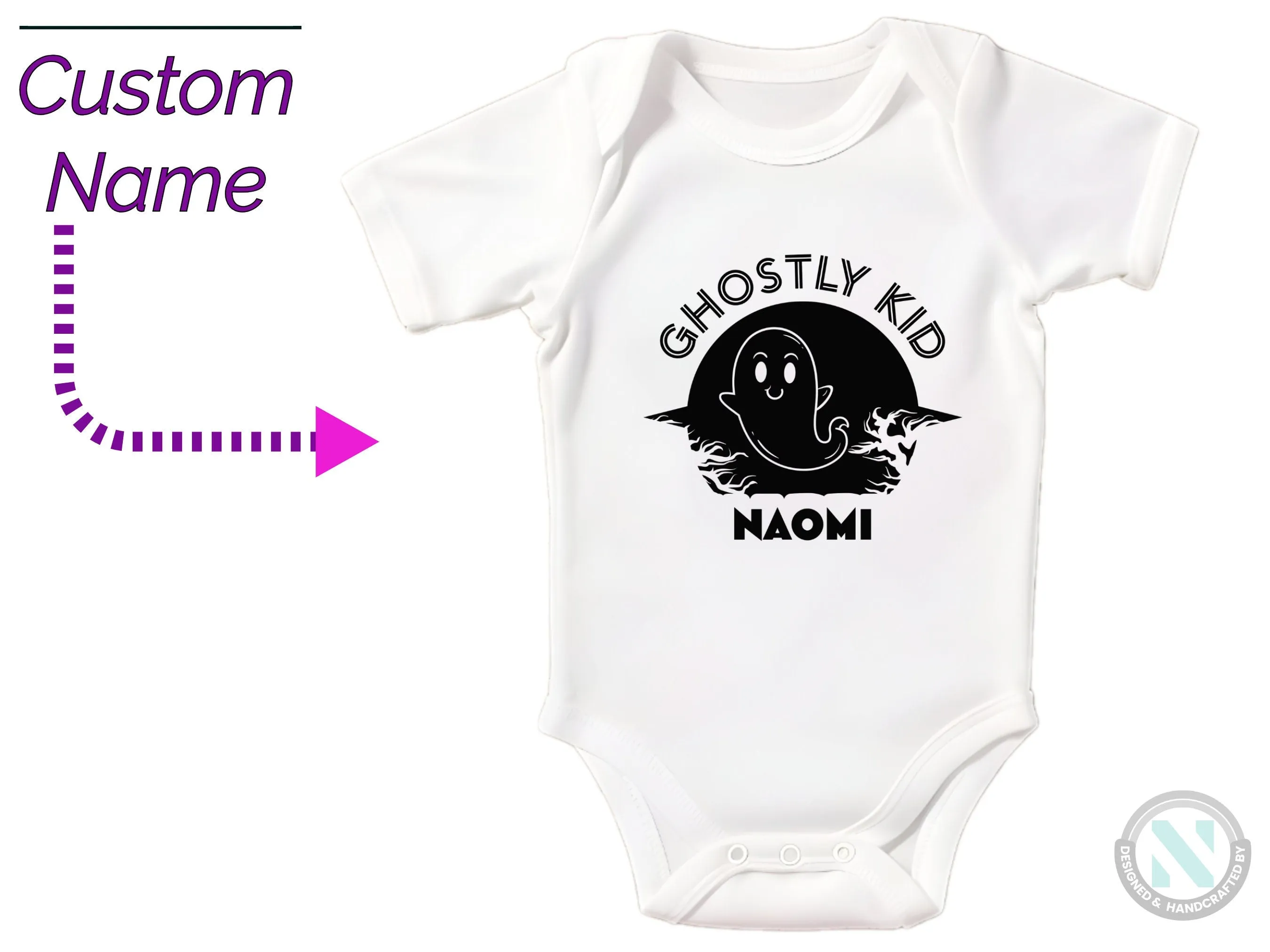 First Halloween Personalize Name Baby Girl Bodysuit With Ghostly Kid