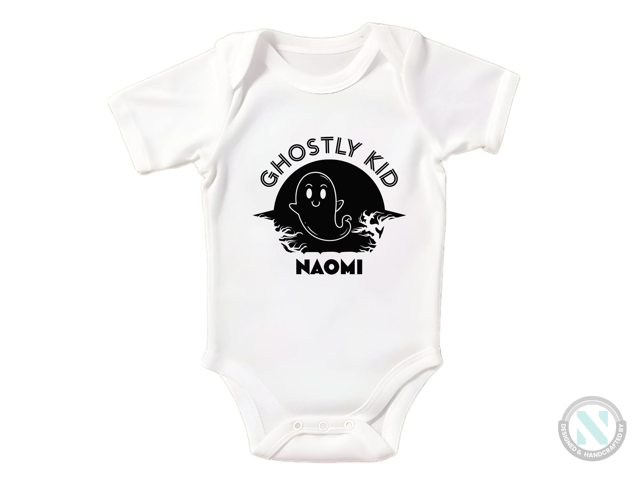 First Halloween Personalize Name Baby Girl Bodysuit With Ghostly Kid