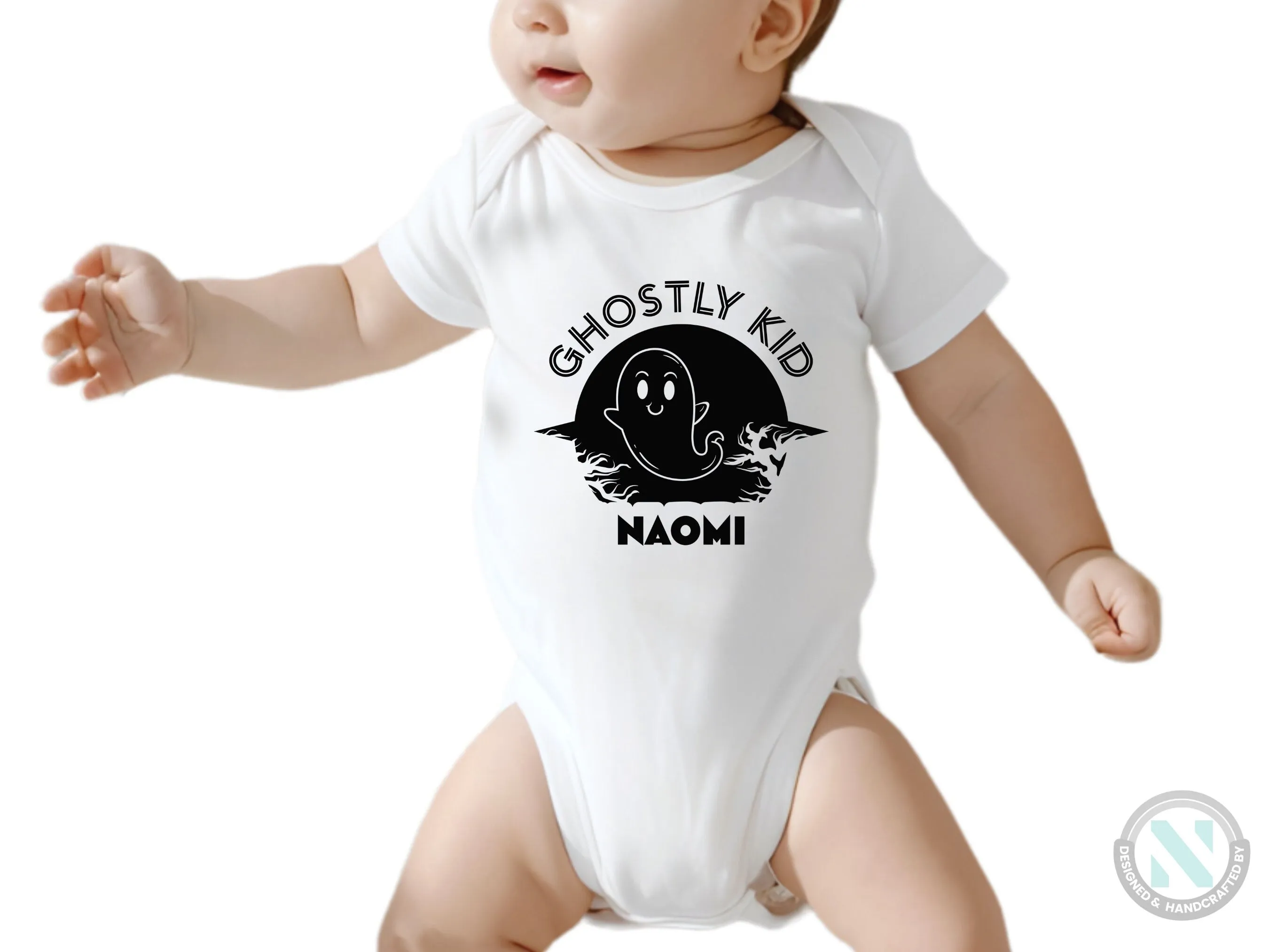 First Halloween Personalize Name Baby Girl Bodysuit With Ghostly Kid