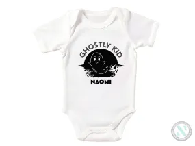 First Halloween Personalize Name Baby Girl Bodysuit With Ghostly Kid