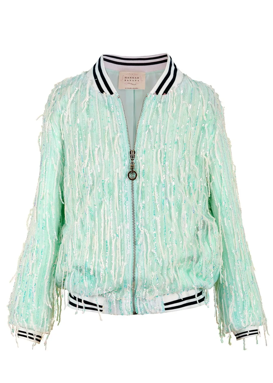 FRINGE SEQUIN BOMBER JACKET W/ SPORTS BAND (A39117)