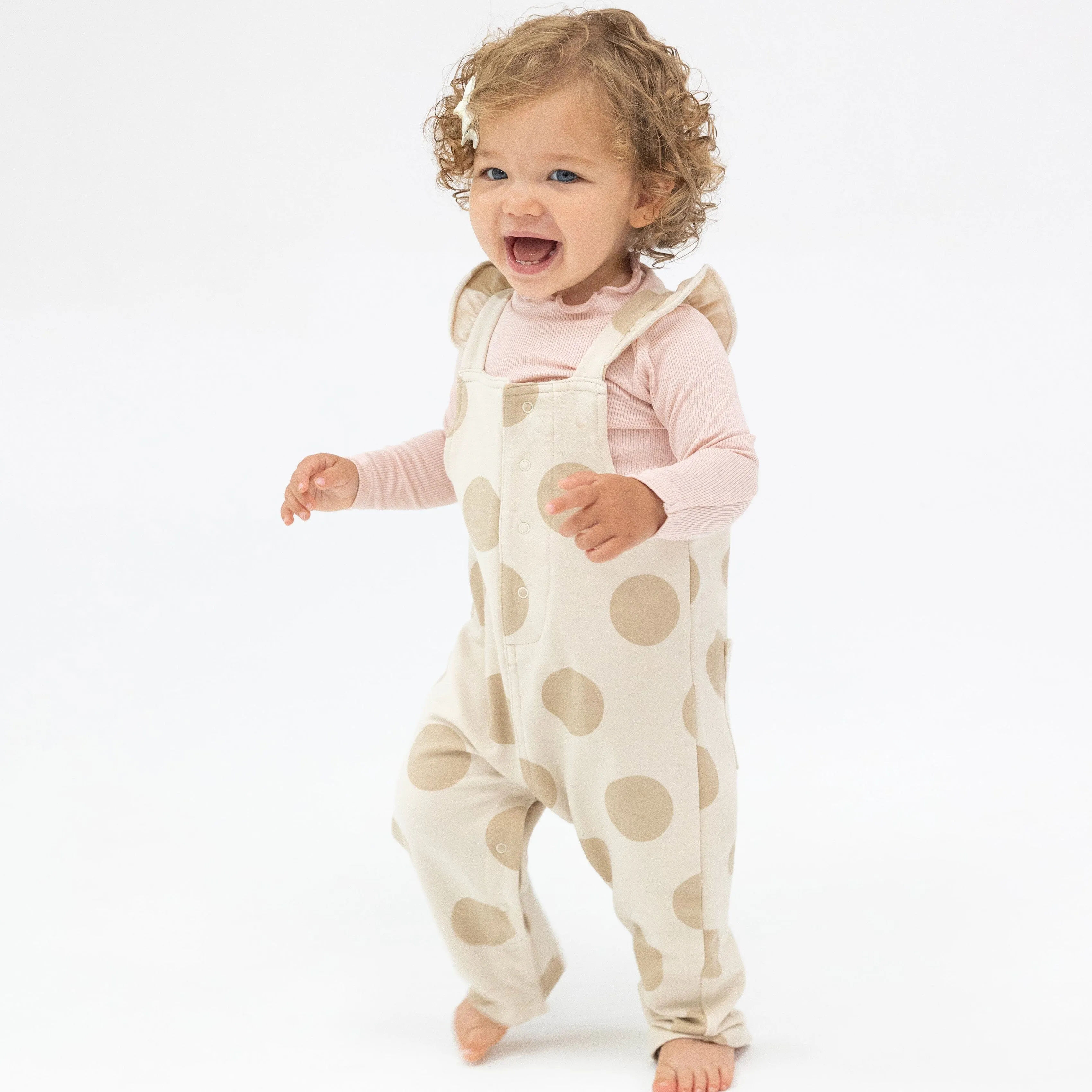 Front Pocket Ruffle Overall | Beige Dot