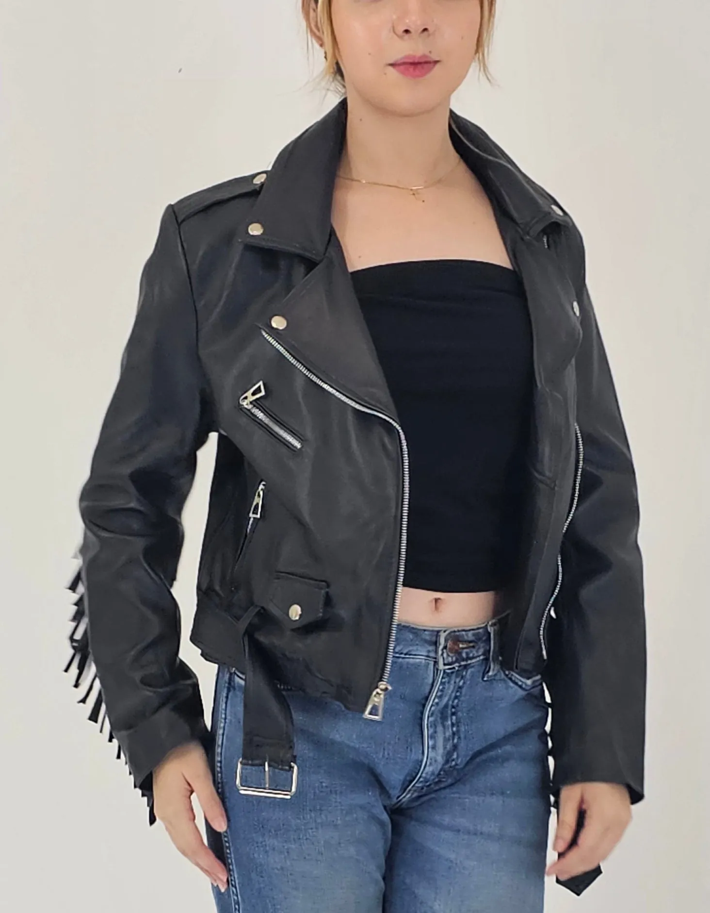 Handcrafted Women's Sheepskin Leather Biker Jacket – Premium Biker Style Black w/Fringes