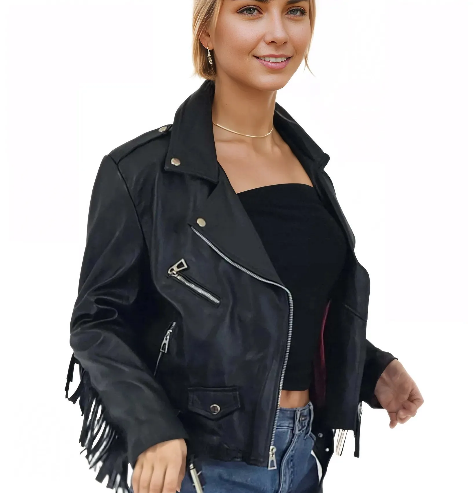 Handcrafted Women's Sheepskin Leather Biker Jacket – Premium Biker Style Black w/Fringes