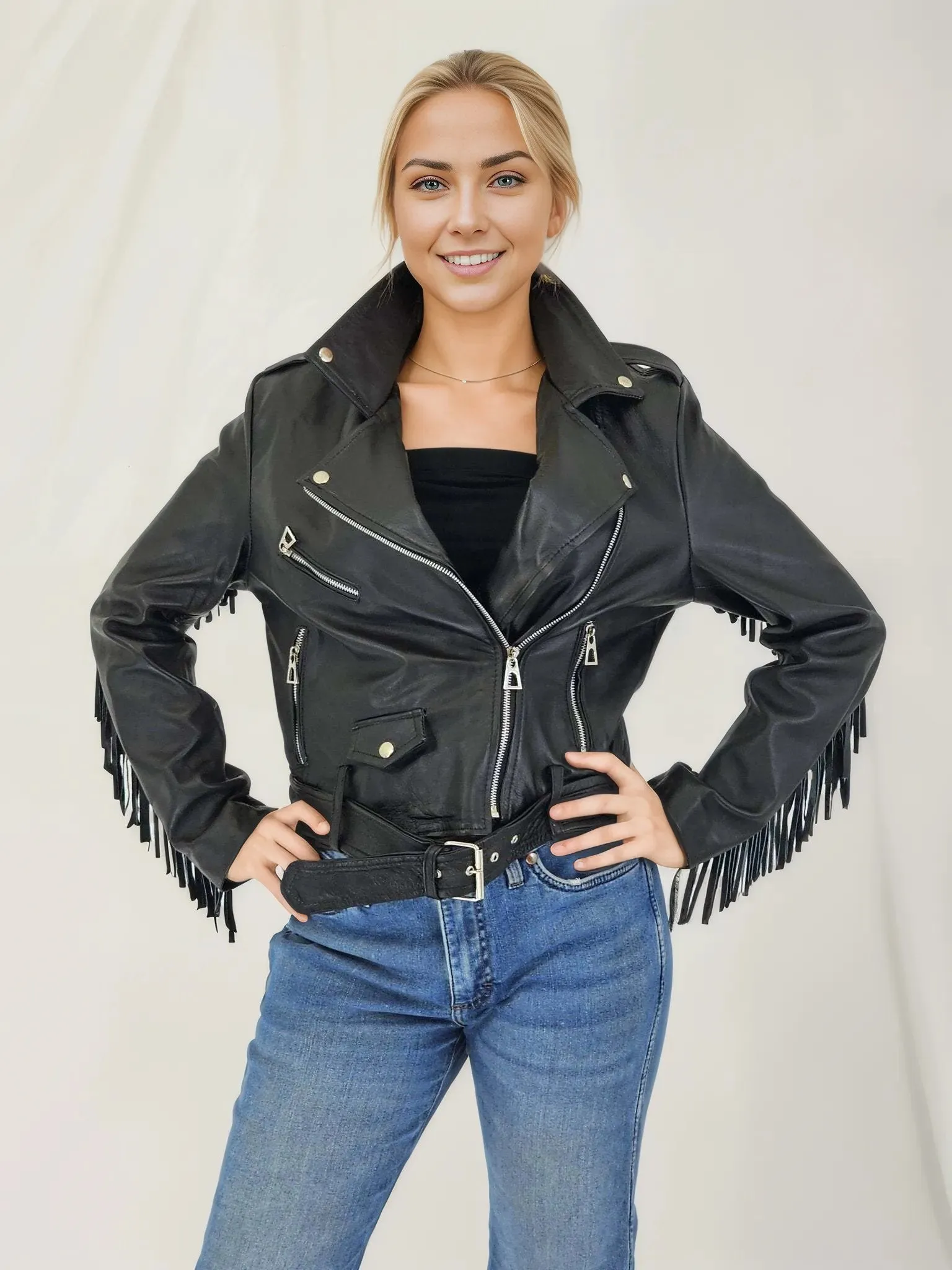 Handcrafted Women's Sheepskin Leather Biker Jacket – Premium Biker Style Black w/Fringes