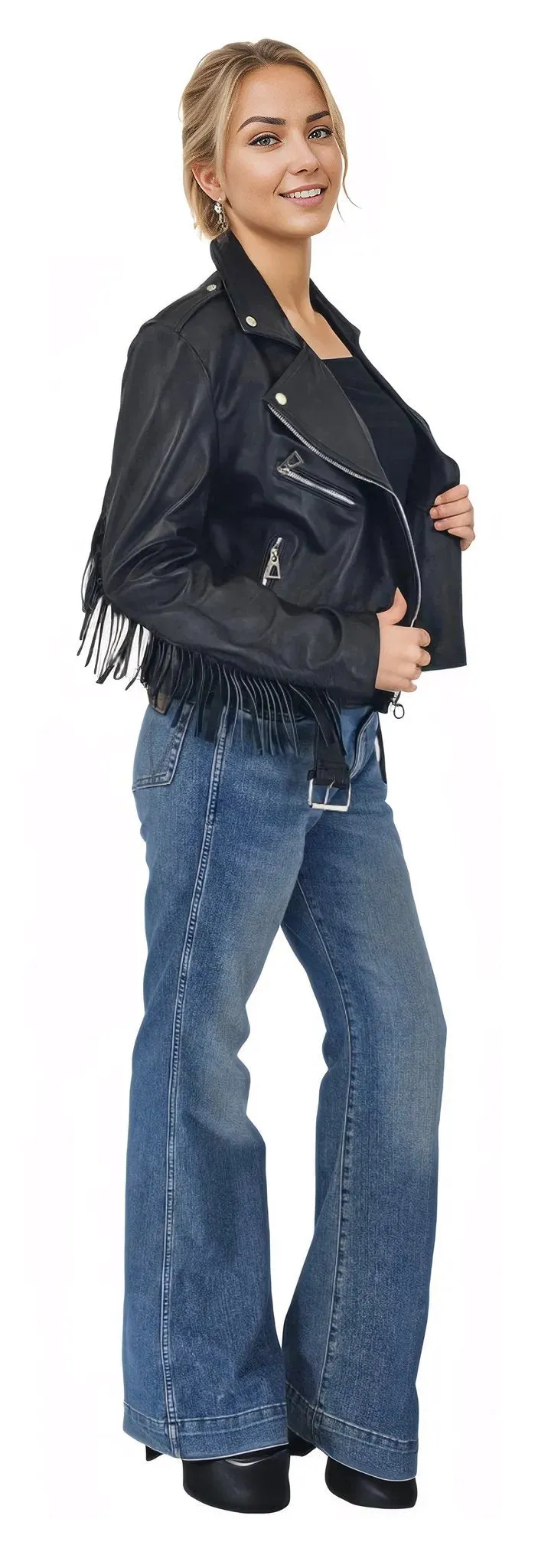 Handcrafted Women's Sheepskin Leather Biker Jacket – Premium Biker Style Black w/Fringes