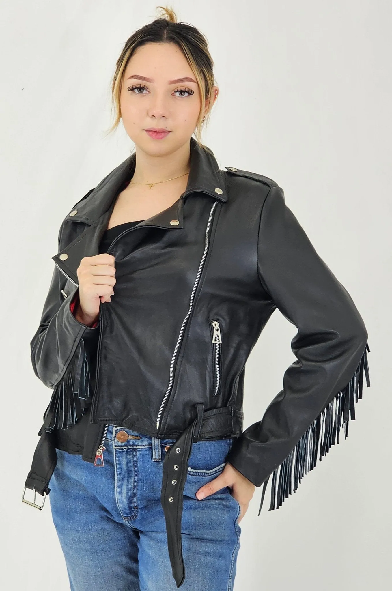 Handcrafted Women's Sheepskin Leather Biker Jacket – Premium Biker Style Black w/Fringes