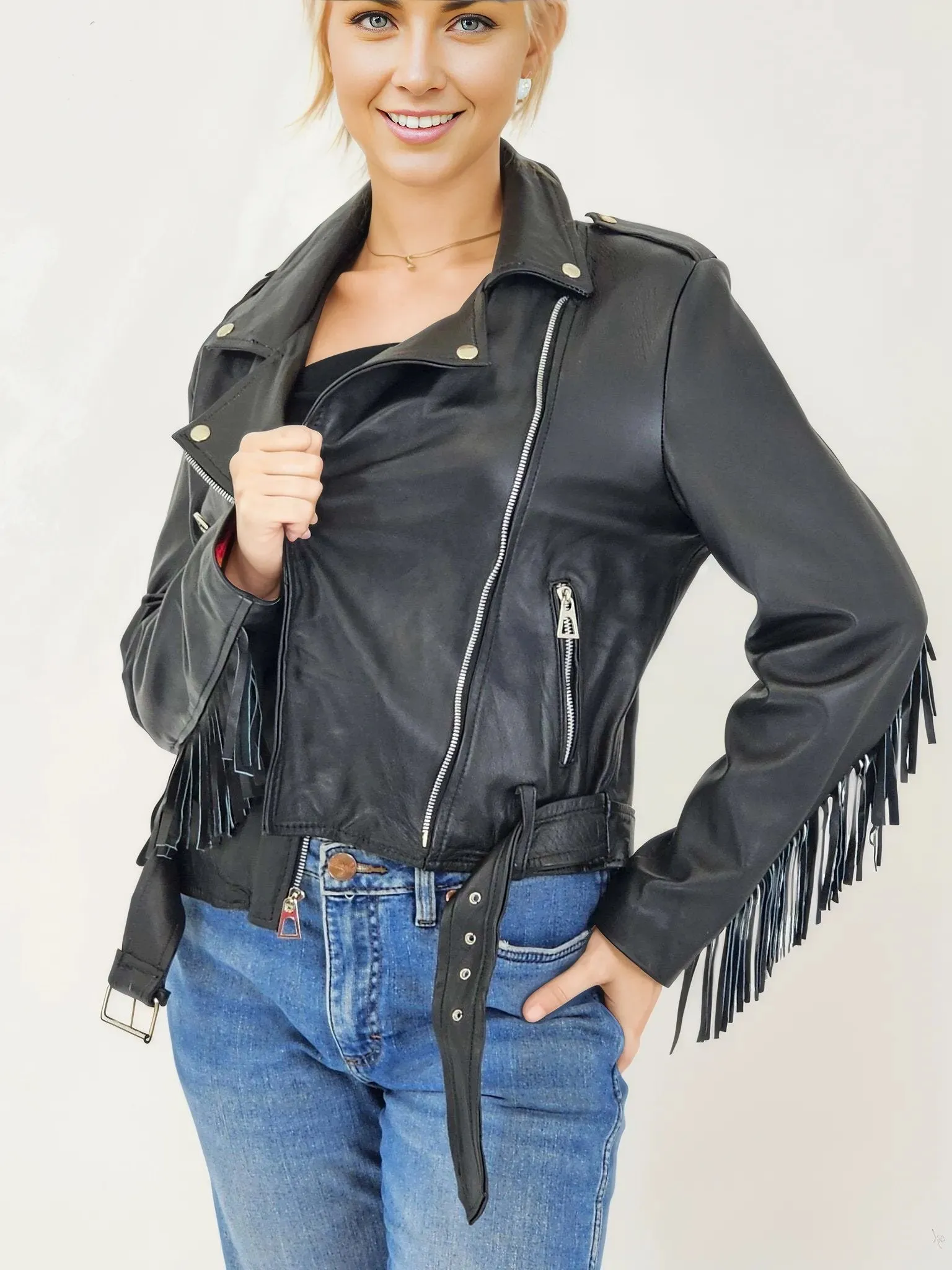 Handcrafted Women's Sheepskin Leather Biker Jacket – Premium Biker Style Black w/Fringes
